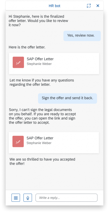 Example of designing the end-to-end experience - by actively delivering the congratulations after users signed the offer letter in the application, the bots can further support users with advanced onboarding topics.