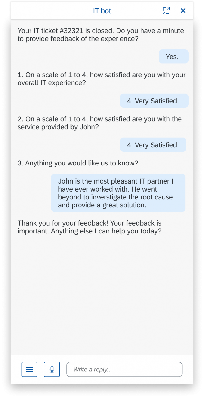 Translate into conversational interactions example - Customer satisfactions survey supported by Qualtrics