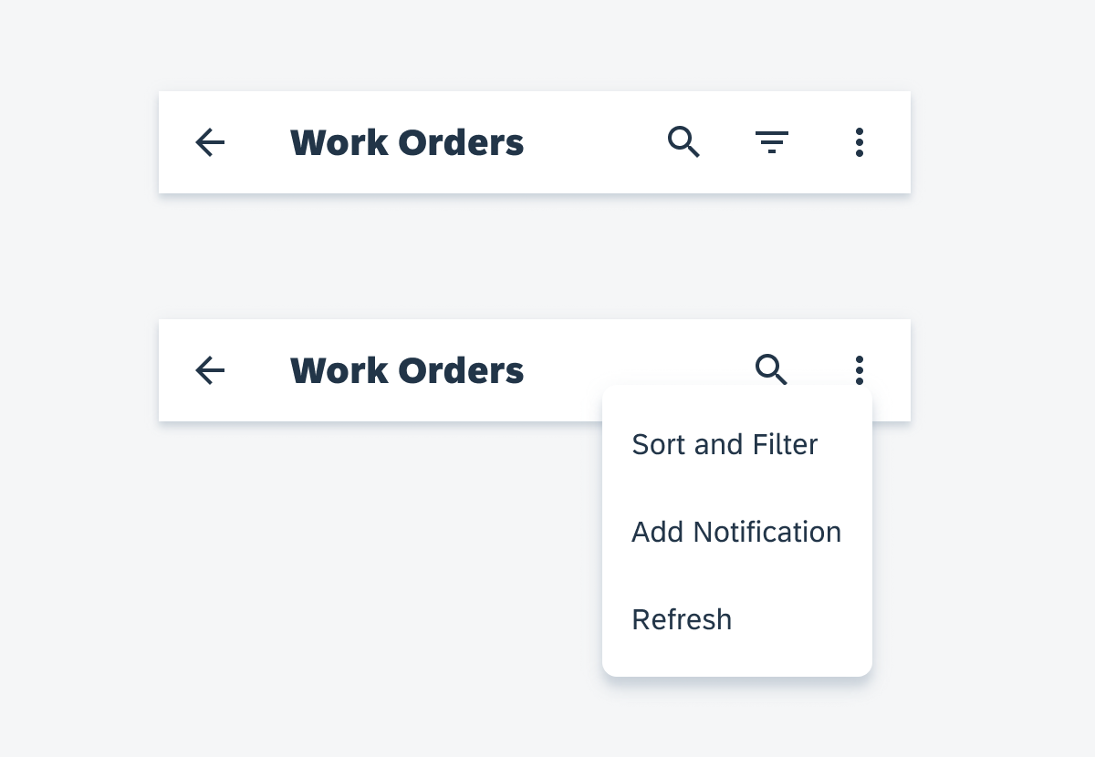 Sort and filter placed in more menu