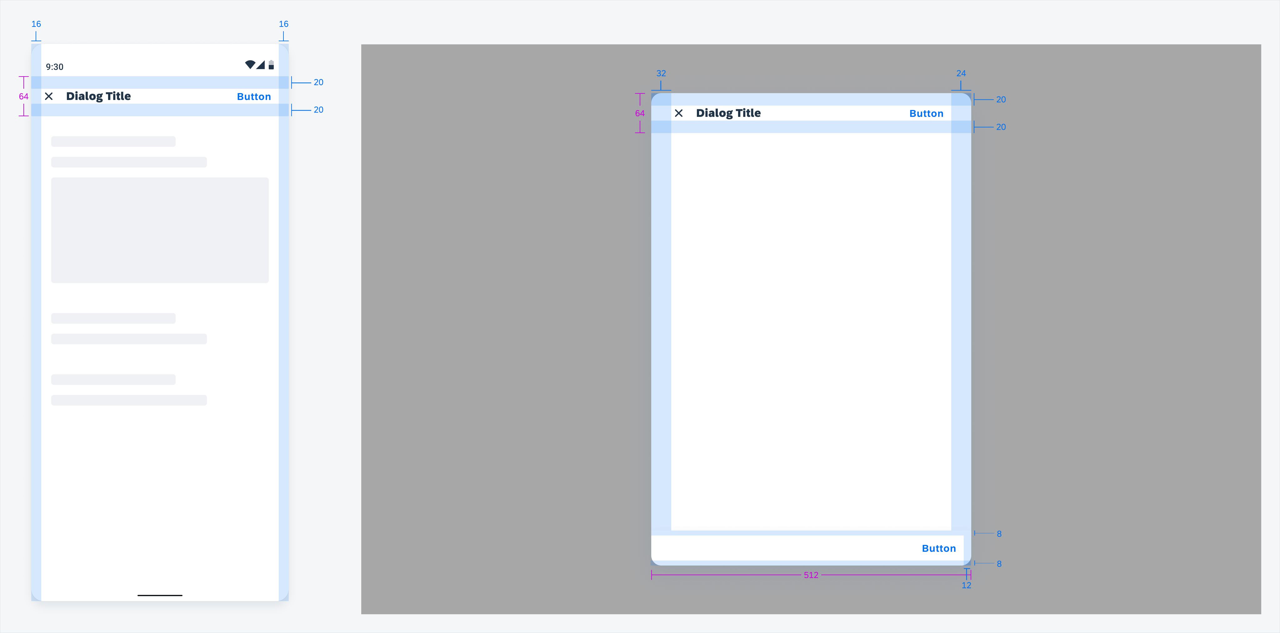 Full-screen dialog specification: mobile (left) and tablet (right)