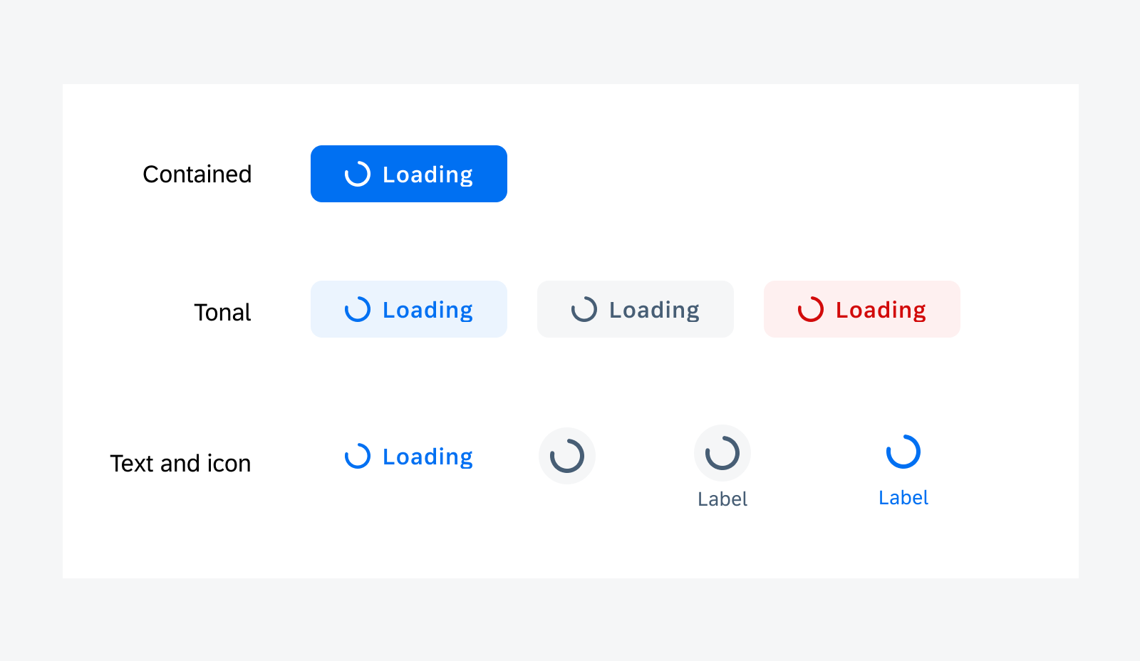 From top to bottom: contained loading state button, tonal loading state button, text and icon loading state button