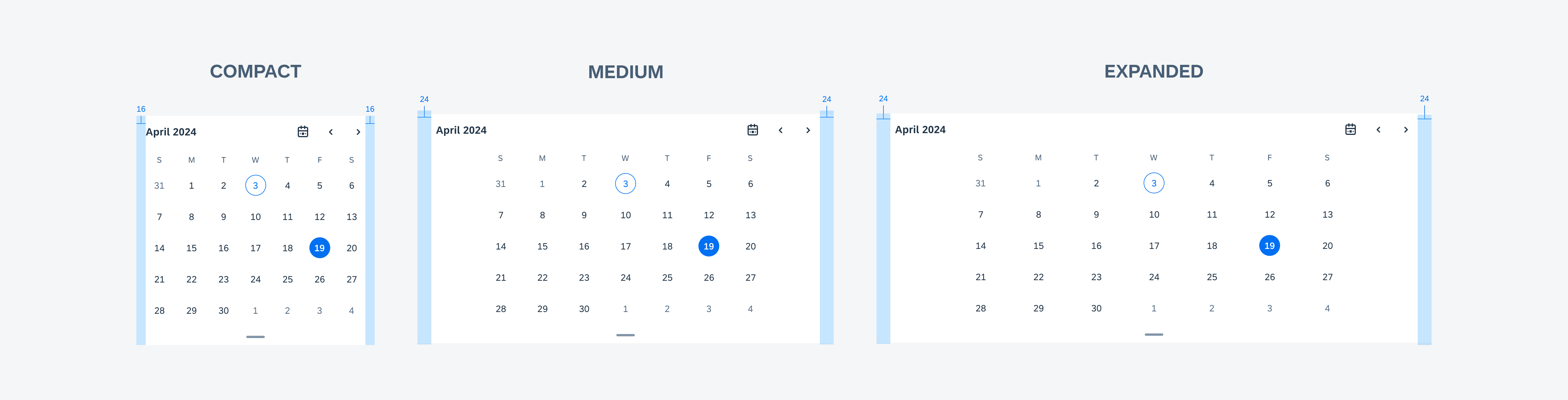 Window size classes based on width: calendar in compact (left), medium (middle), and expanded (right) size classes