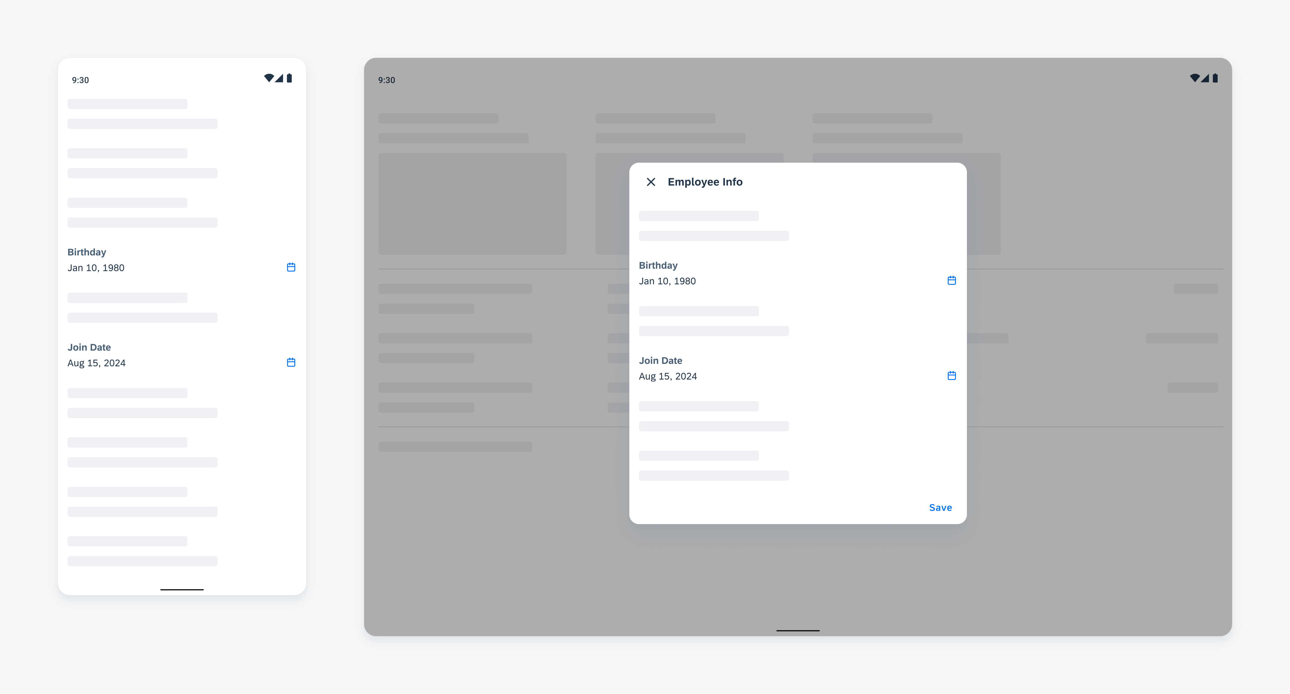 Time picker form cells in compact (left) and expanded layouts (right) 