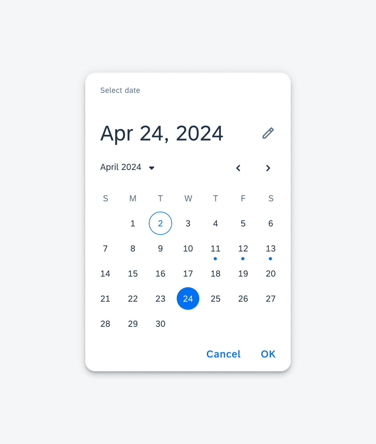 A date picker with the 11th, 12th, and 13th decorated with the default status indicator