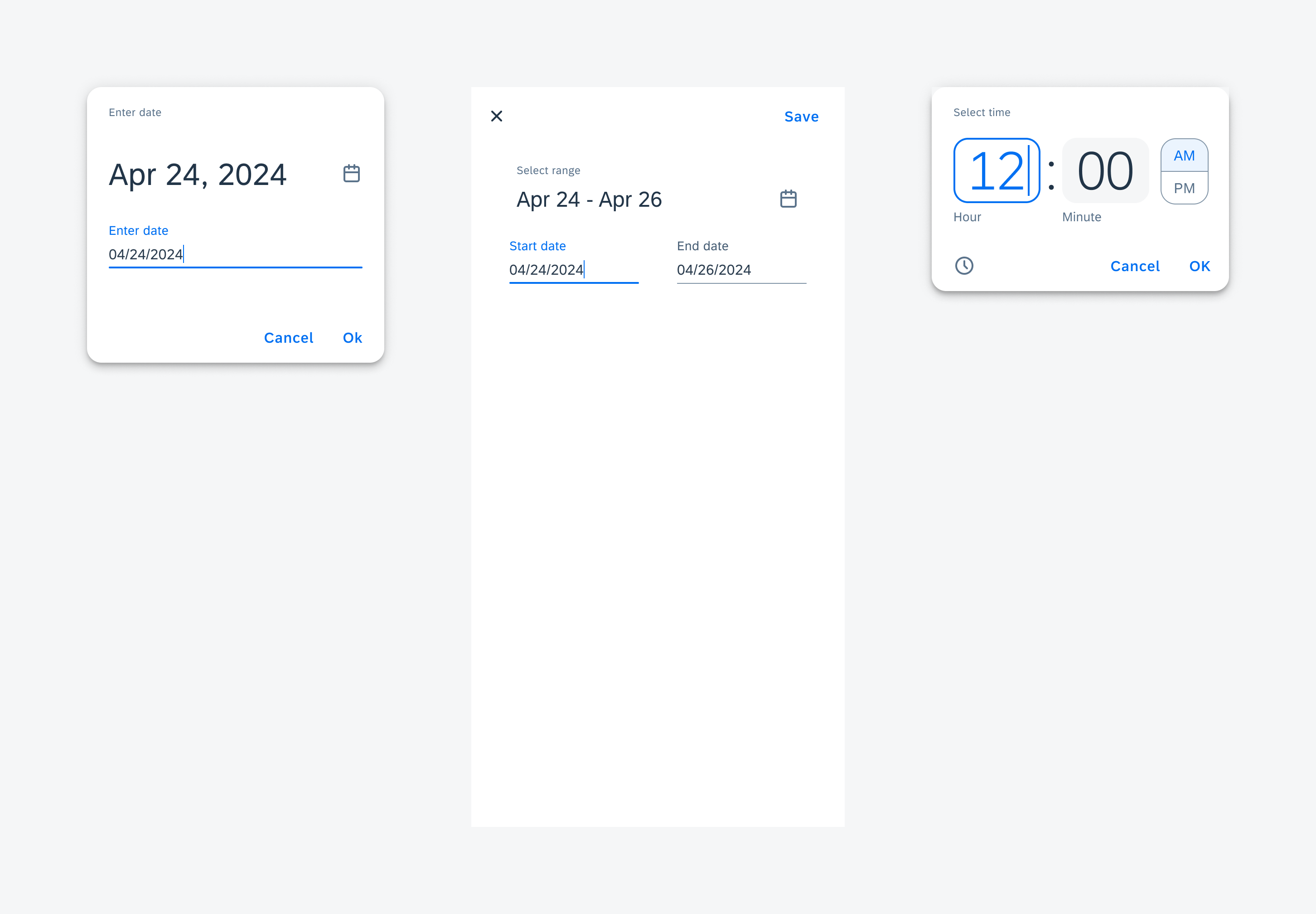 The input mode for the dialogs from left to right: date picker, range picker, time picker