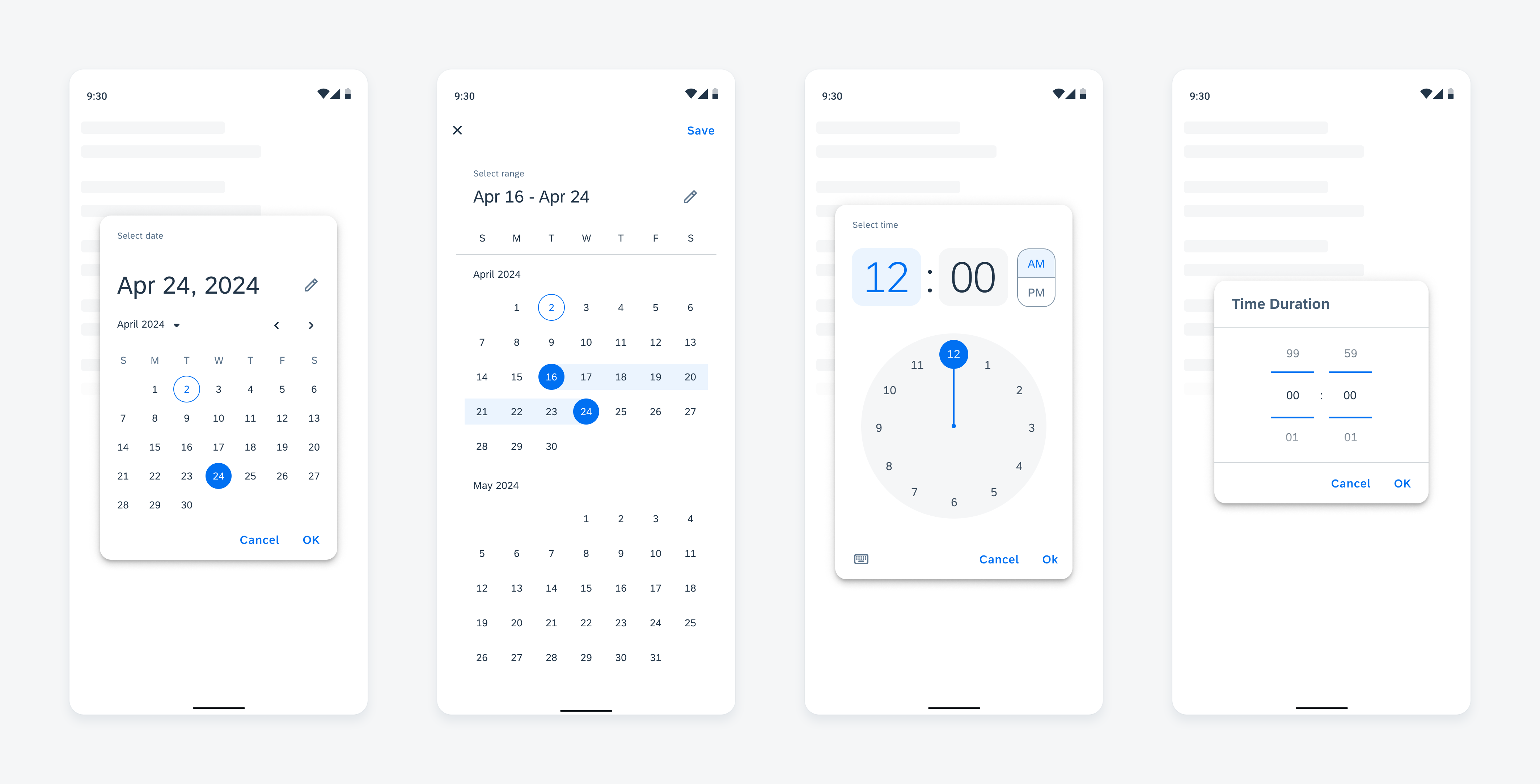 Picker types in compact size from left to right: date picker, range picker, time picker, duration picker