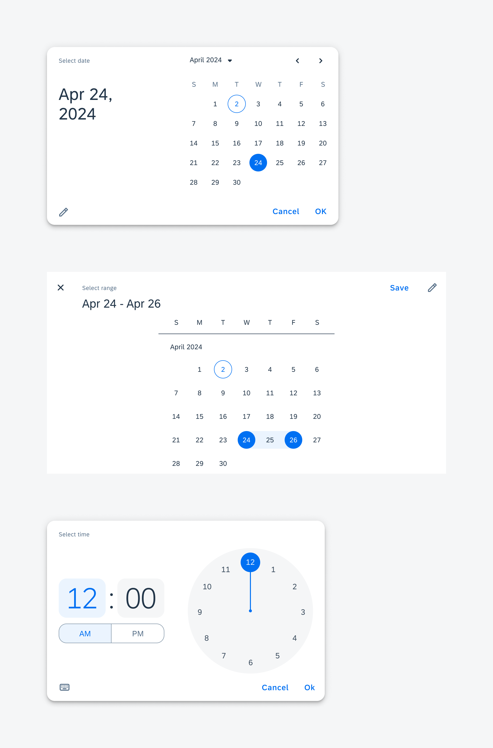 The landscape mode for the dialogs from left to right: date picker, range picker, time picker