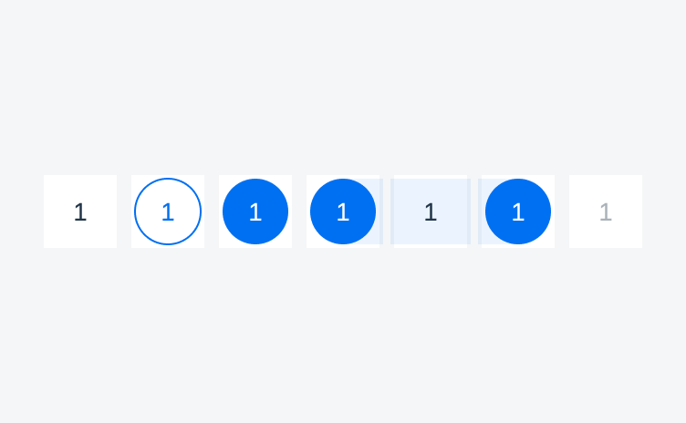 Range picker states from left to right: default, today, selected, range start, range middle, range end, disabled