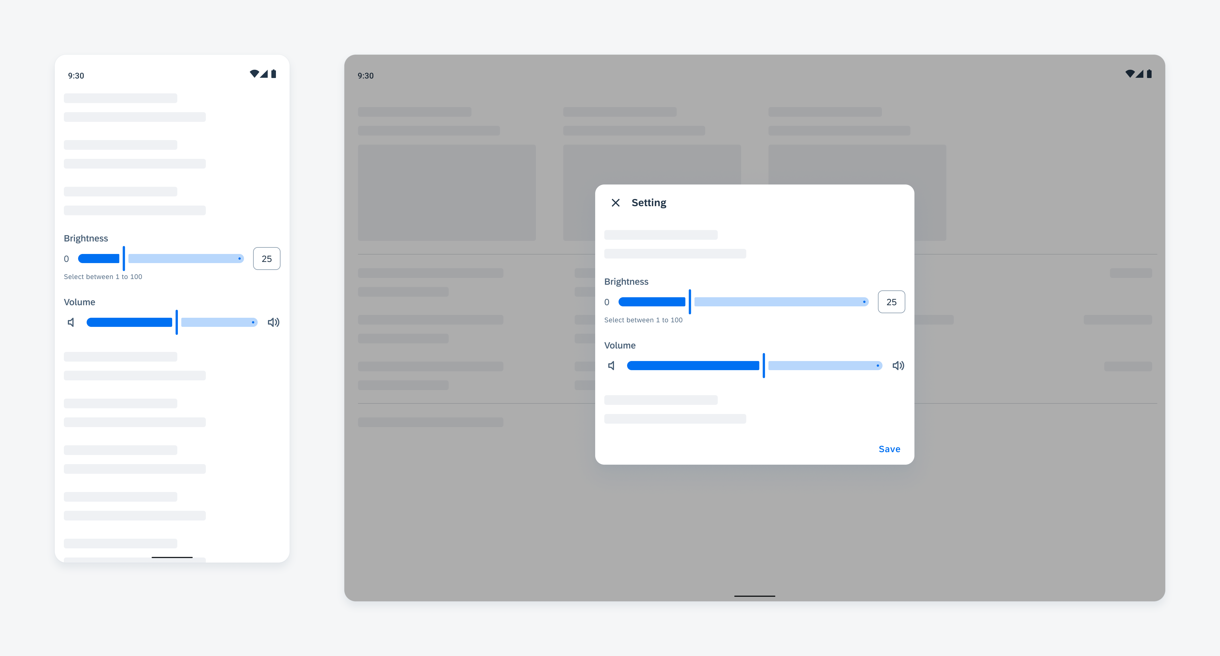 Sliders on compact (left) and expanded screens (right) 