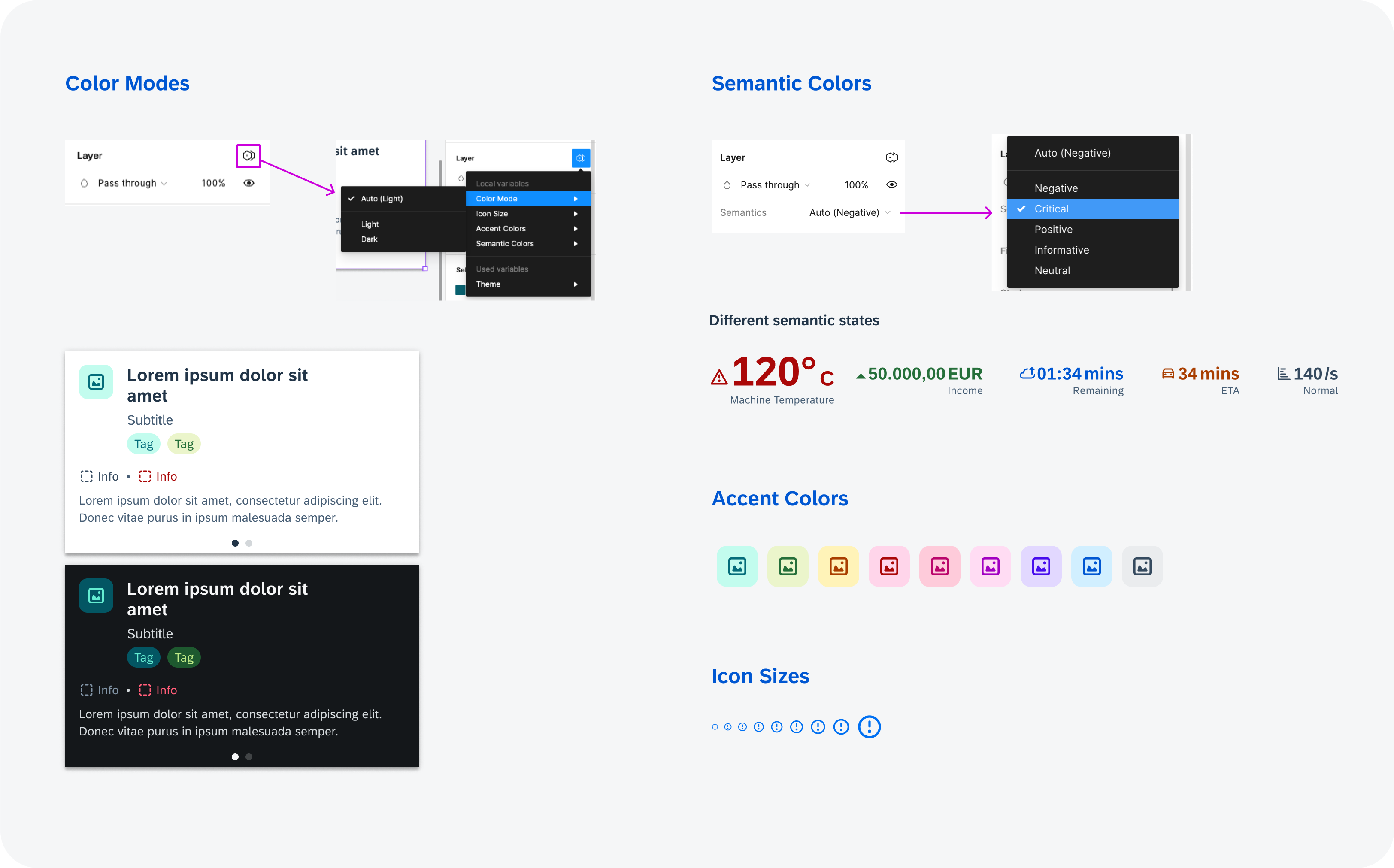 Using variables for switching color modes, Semantic Colors, Accent Colors and icon sizes