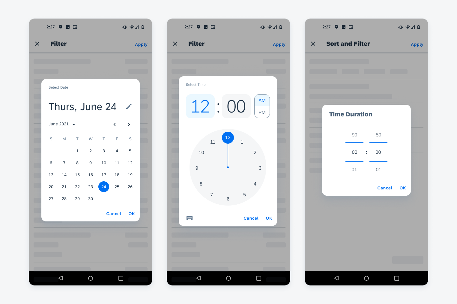 Date picker (left), time picker (middle) and time duration picker (right)