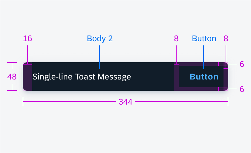 Specifications of snackbar with one line of text and action