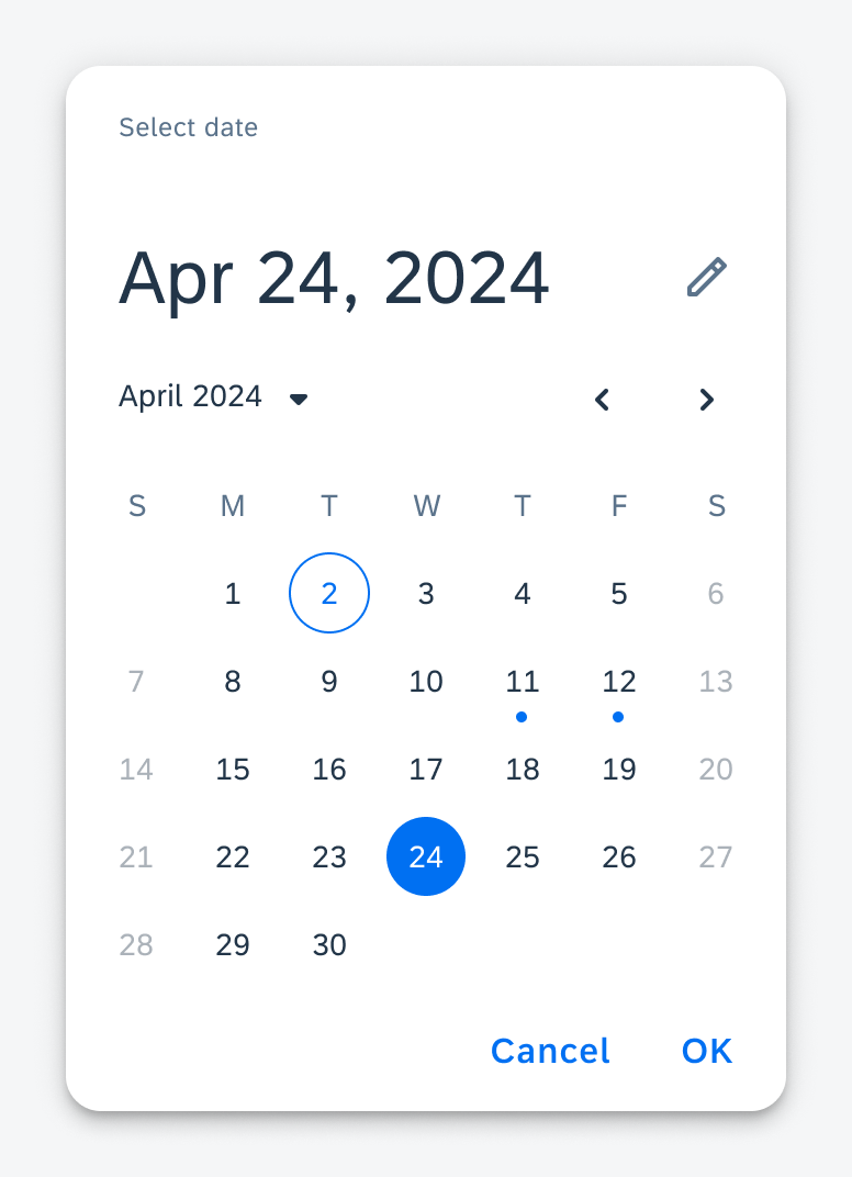 Date picker showing disabled states and status indicators