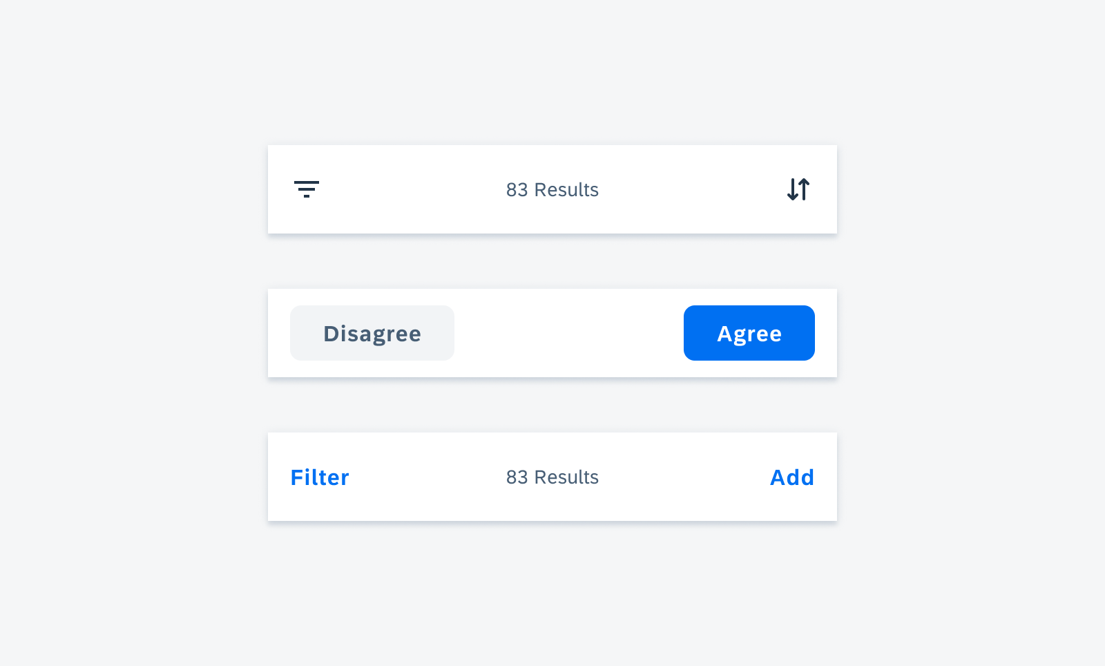 Persistent footer with icon buttons (top), left-aligned secondary tonal button and right-aligned primary contained button (middle), and text buttons with helper text (bottom)