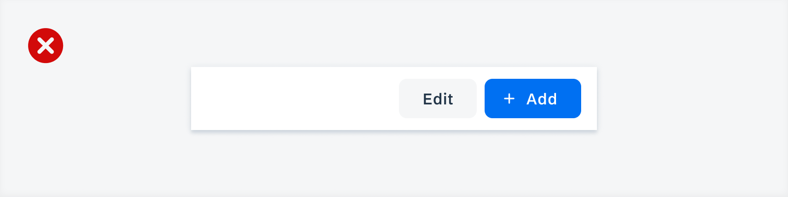 Negative example of using a contained text button and a contained button with text and an icon for related actions