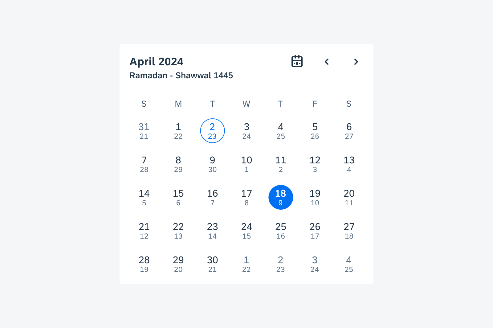 Sample calendar view with alternate calendar