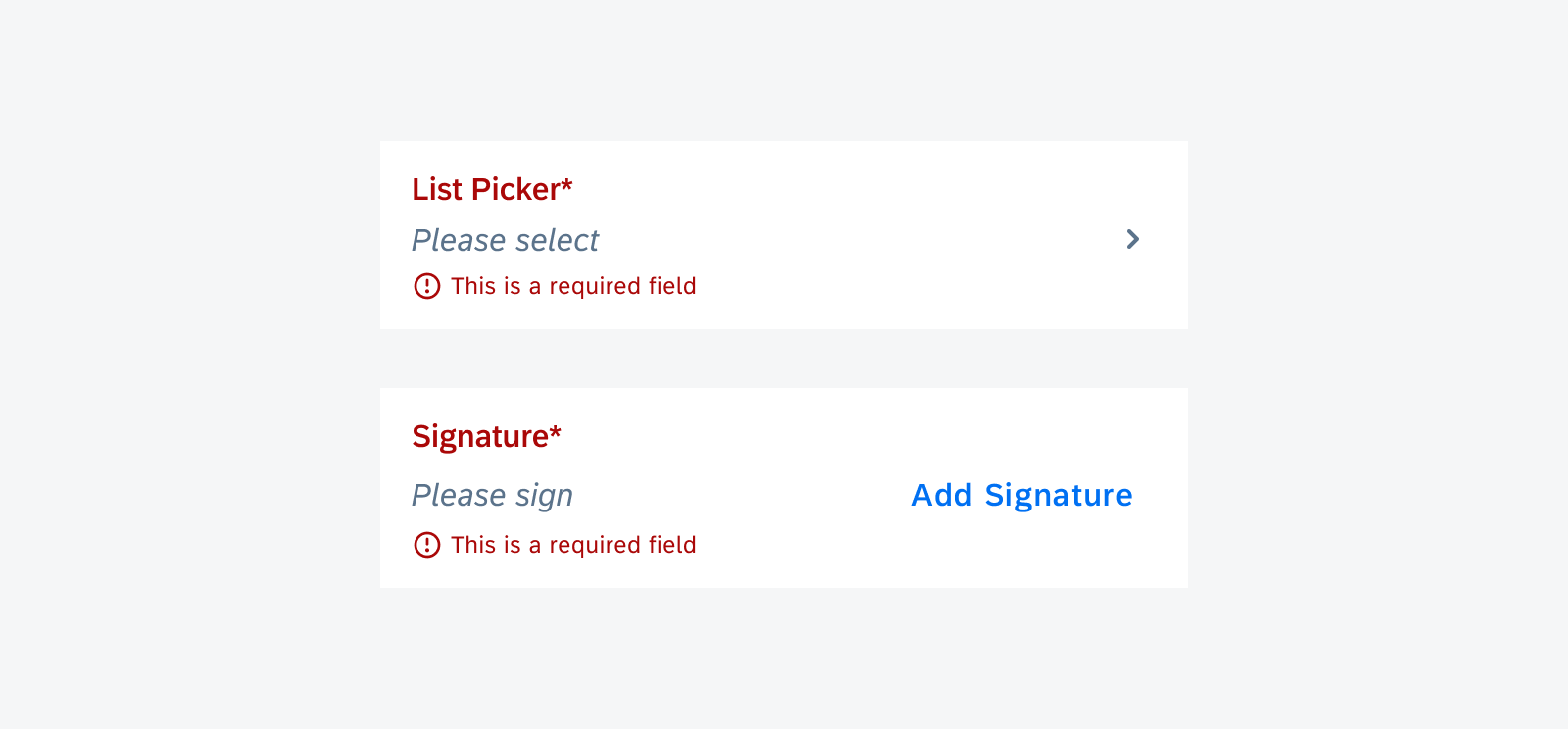 Required list picker form cell and signature form cell in error state for null value 