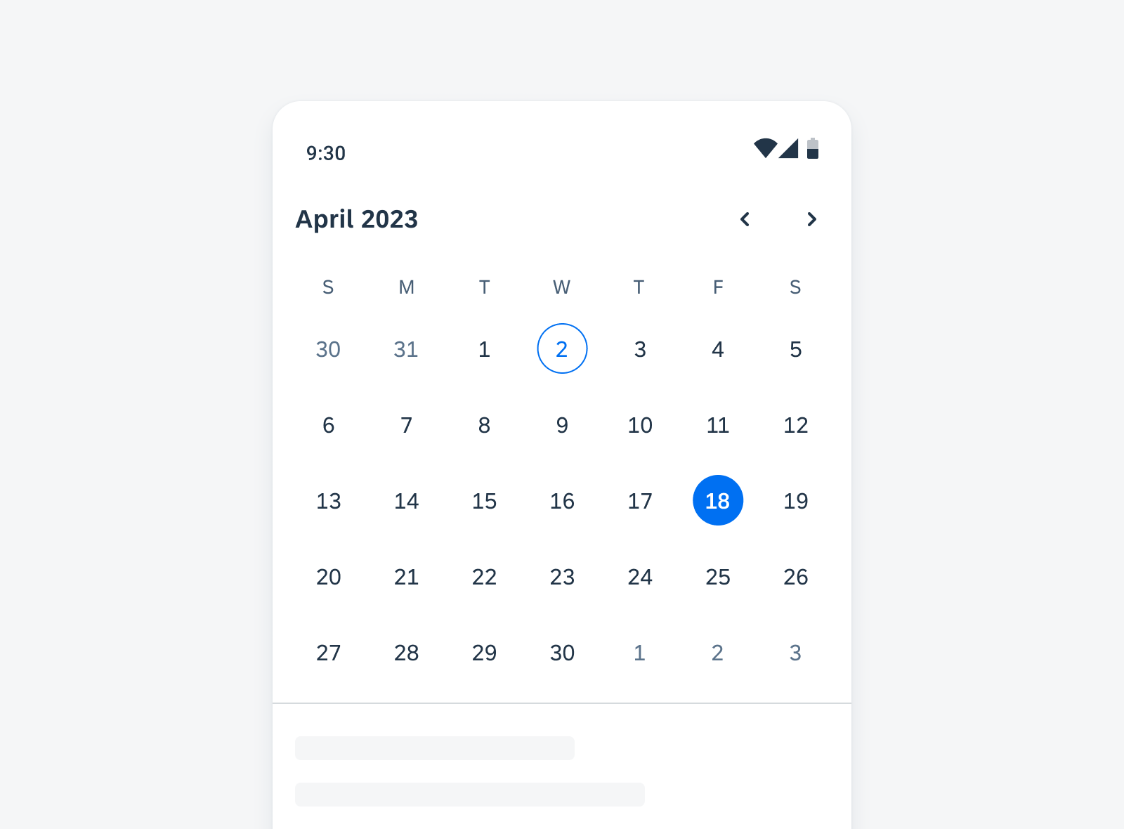 Example of calendar view on mobile