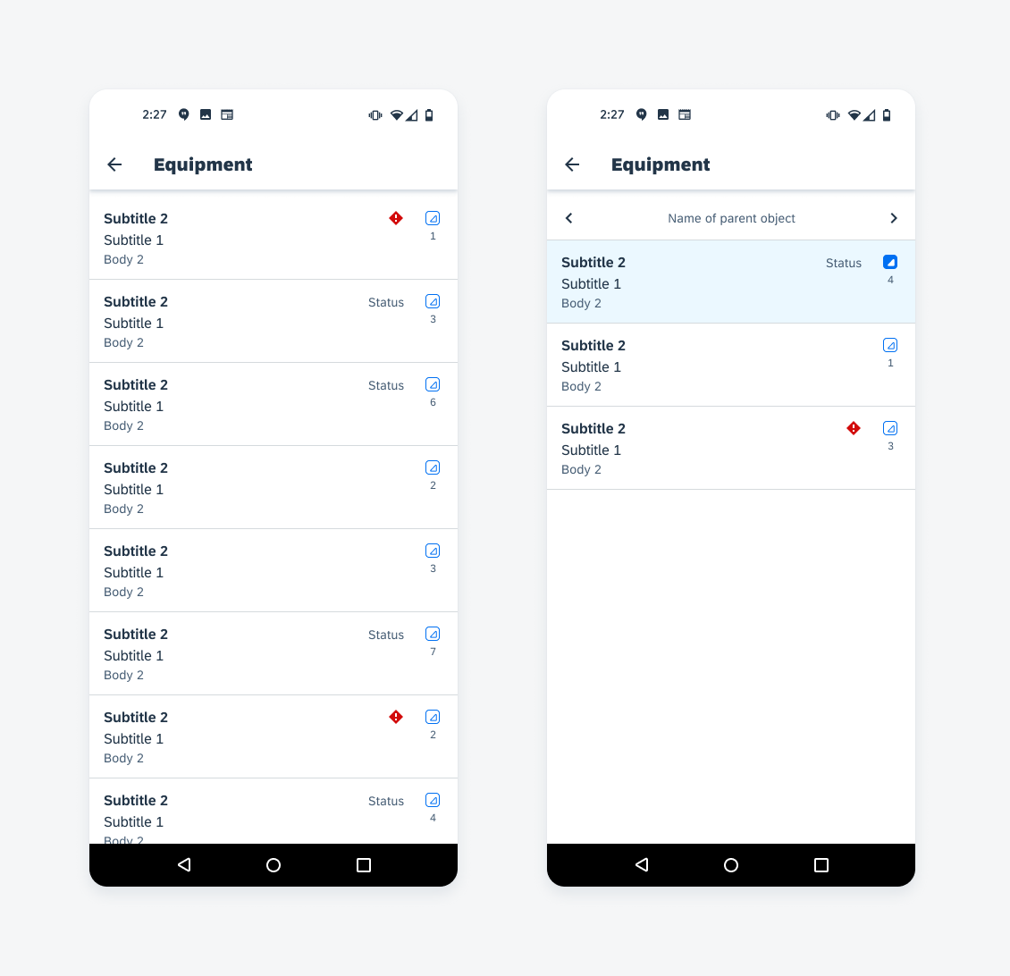One column hierarchy view with navigation bar, only available on mobile