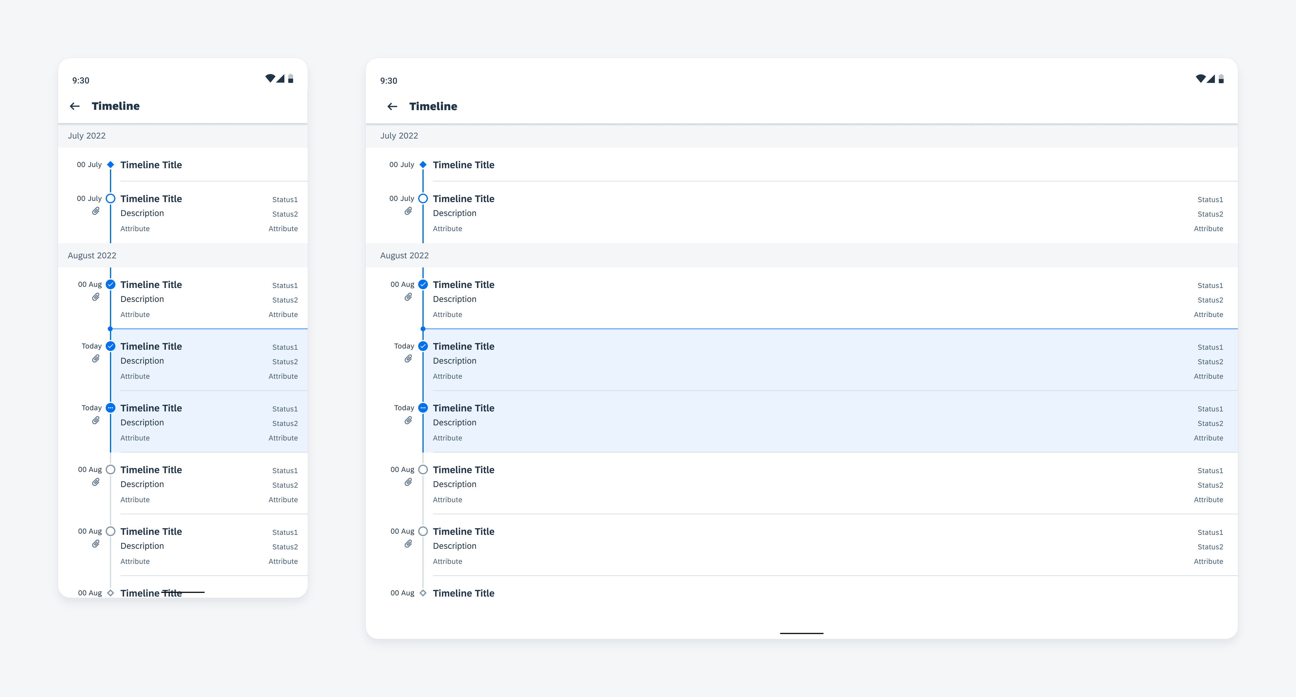 Timeline on mobile (left) and tablet (right)