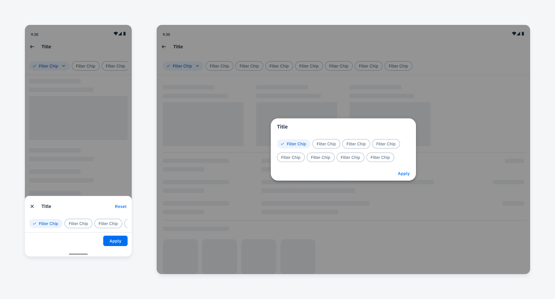 Filter feedback bar selection view on a compact screen (left) and medium and expanded screen (right)