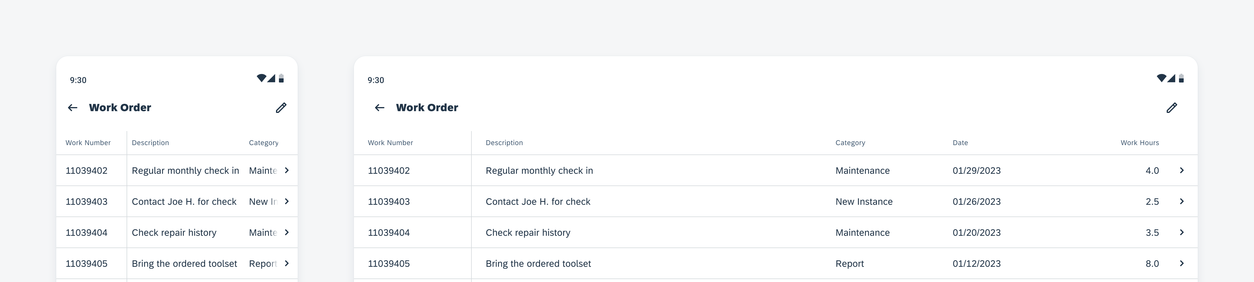 Data table on mobile (left) and tablet (right)