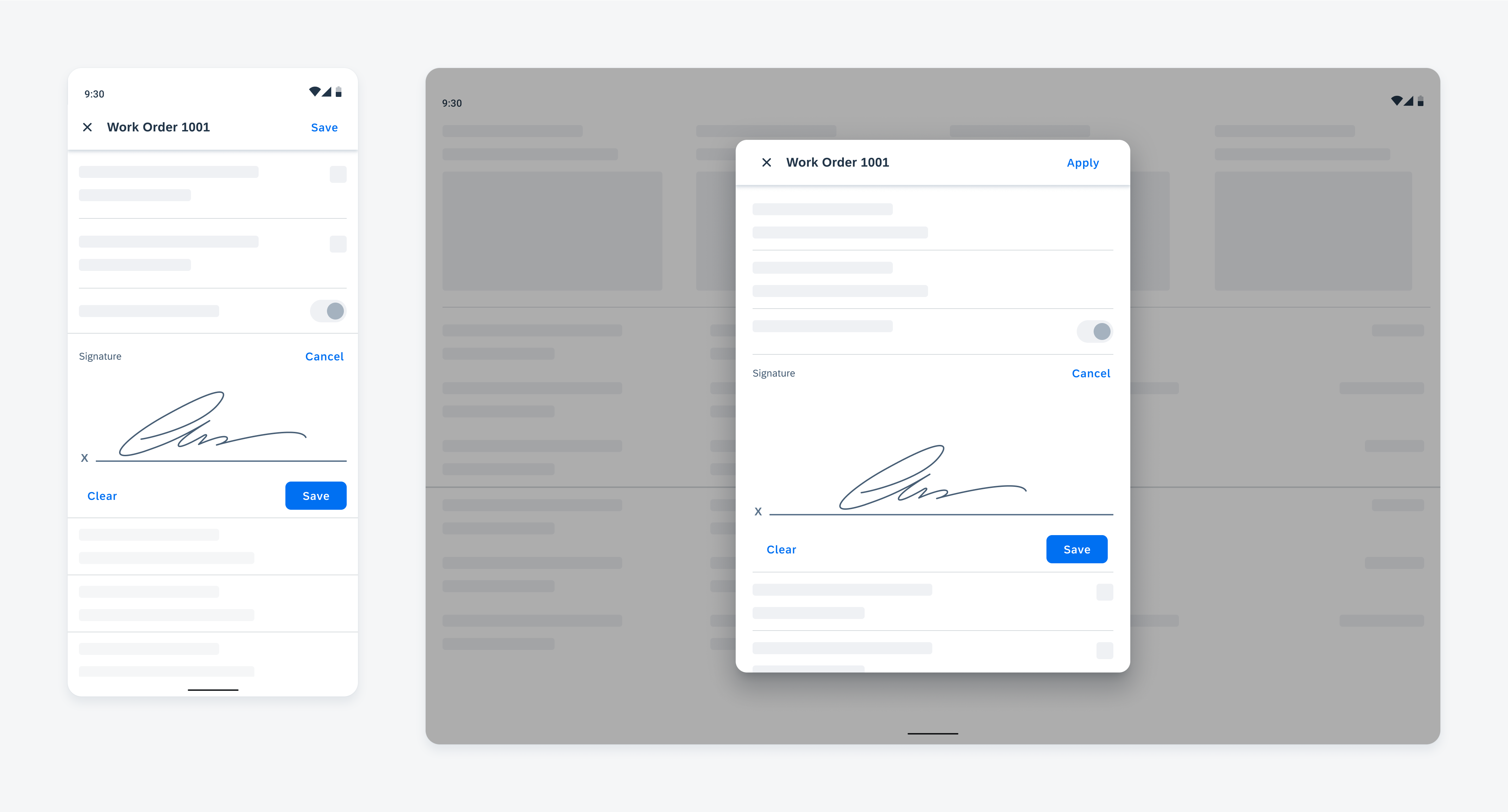 Signature capture inline on mobile (left) and tablet (right)