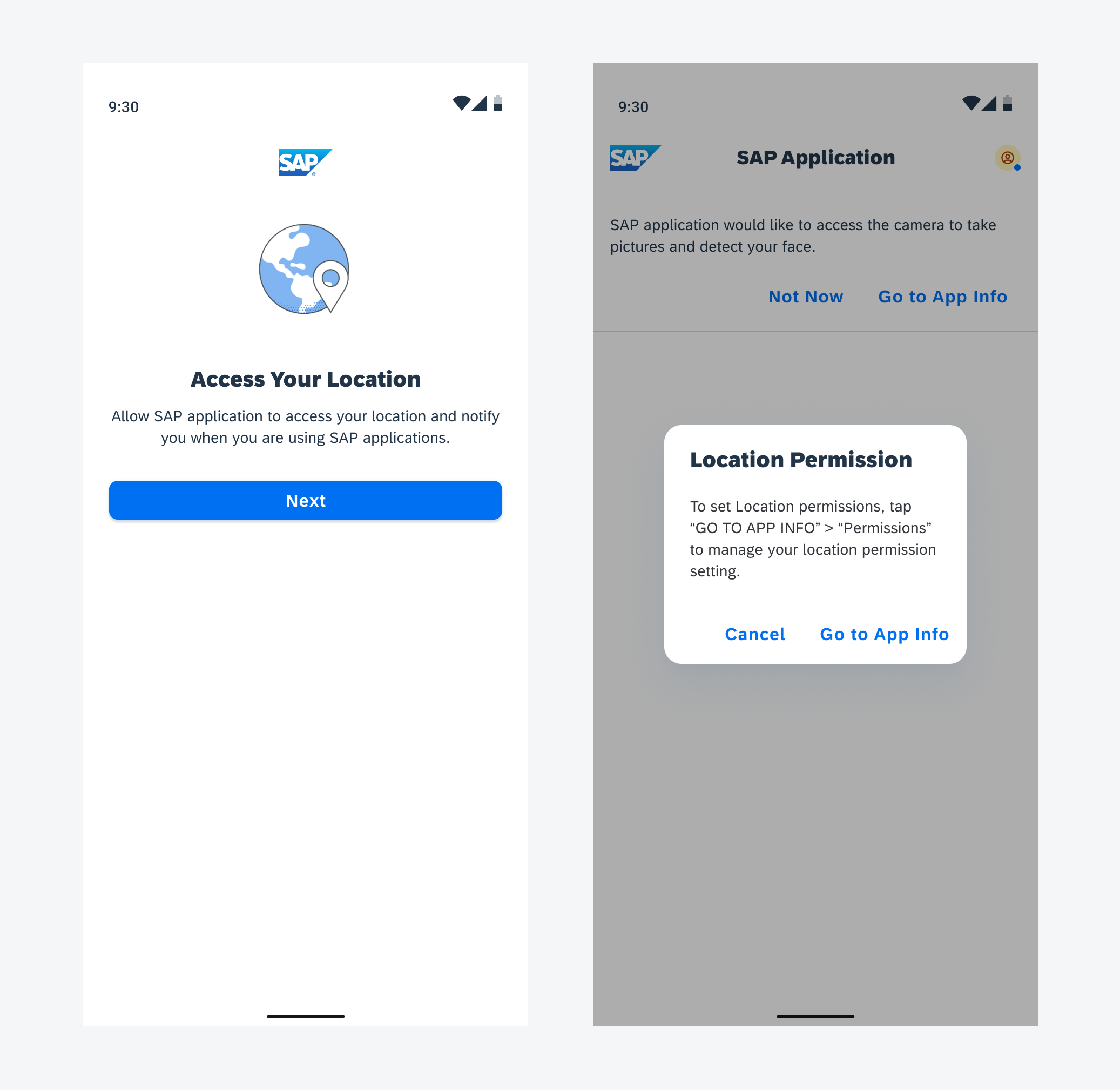 Privacy notice onboarding page (left) and privacy notice alert dialog (right)