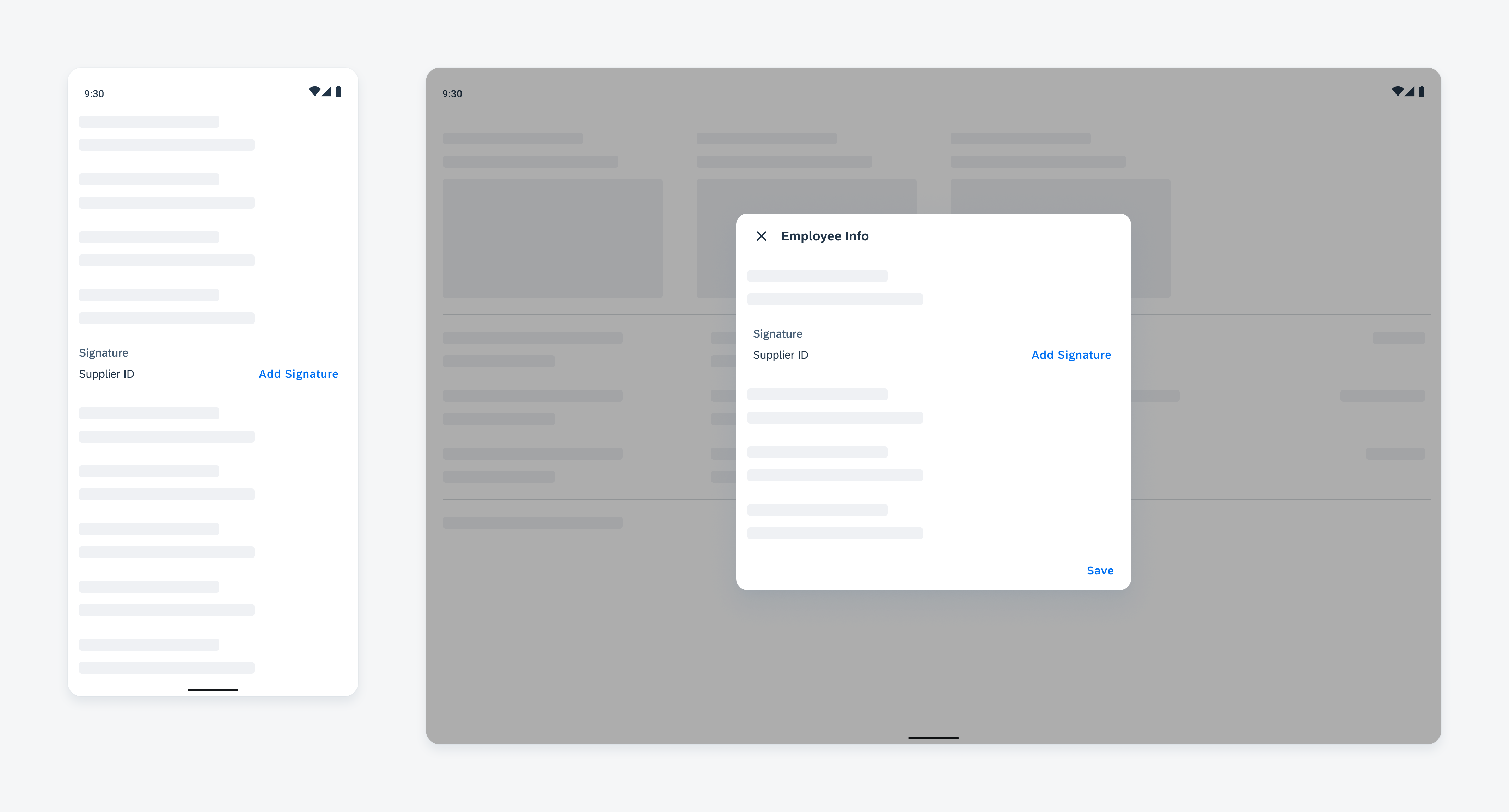 Signature form cell on mobile (left) and on tablet (right) 