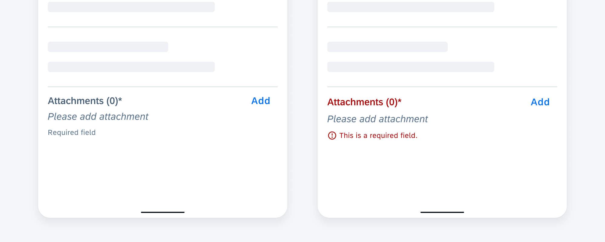 Attachment form cell as a mandatory field before validation (left) and after validation in error state (right)