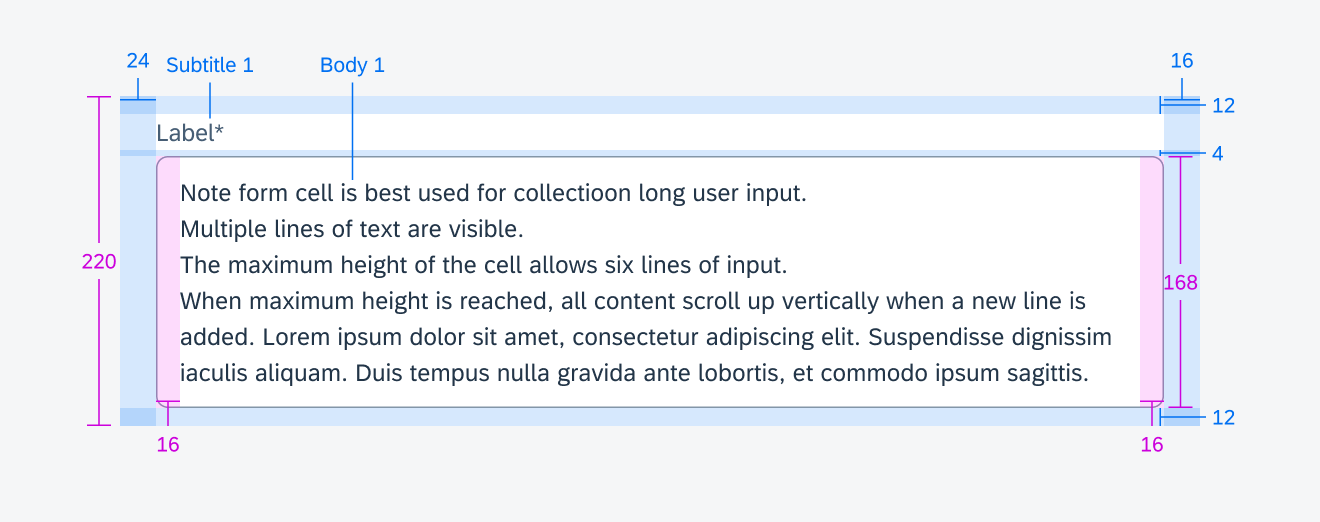 Specifications of maximum height of note form cell on tablet