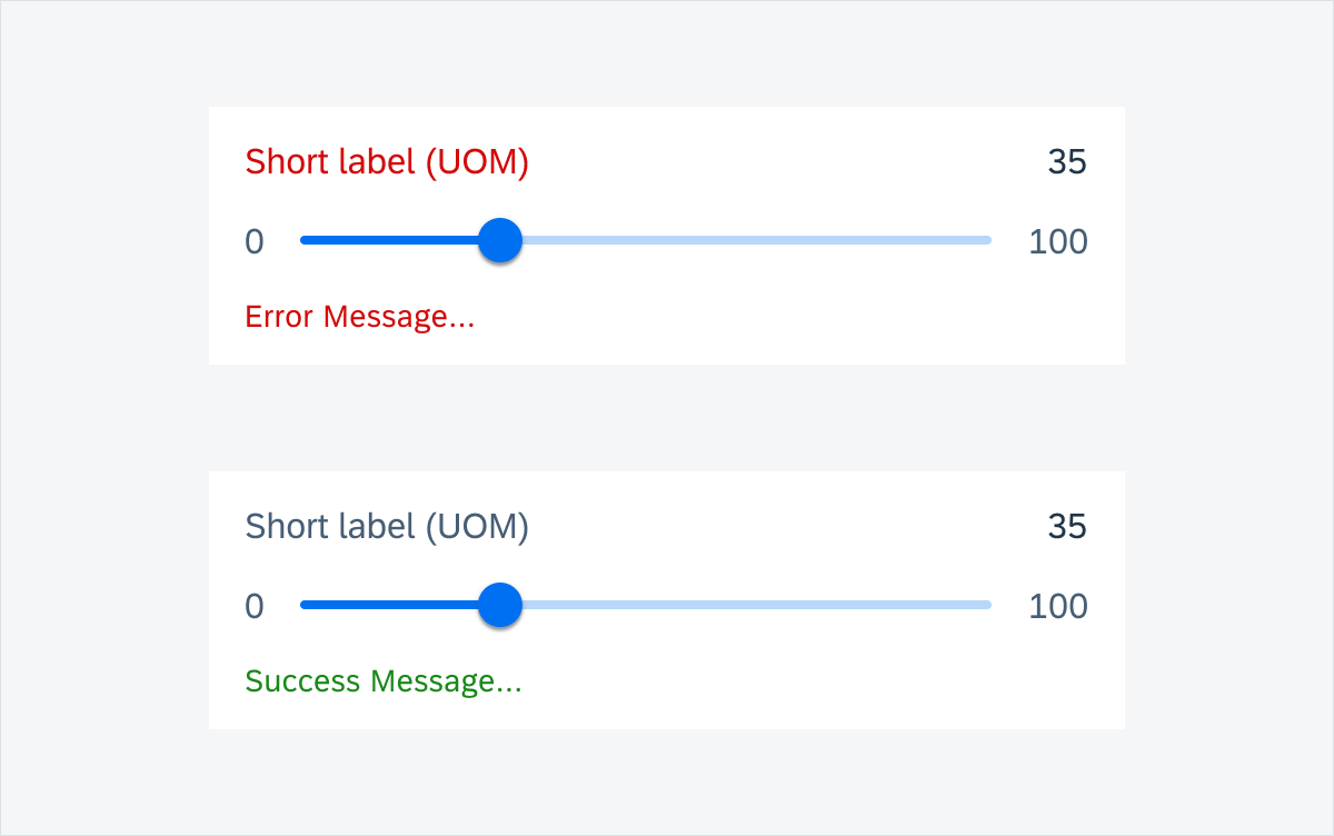 Slider form cell with error message (top) and with success message (bottom)