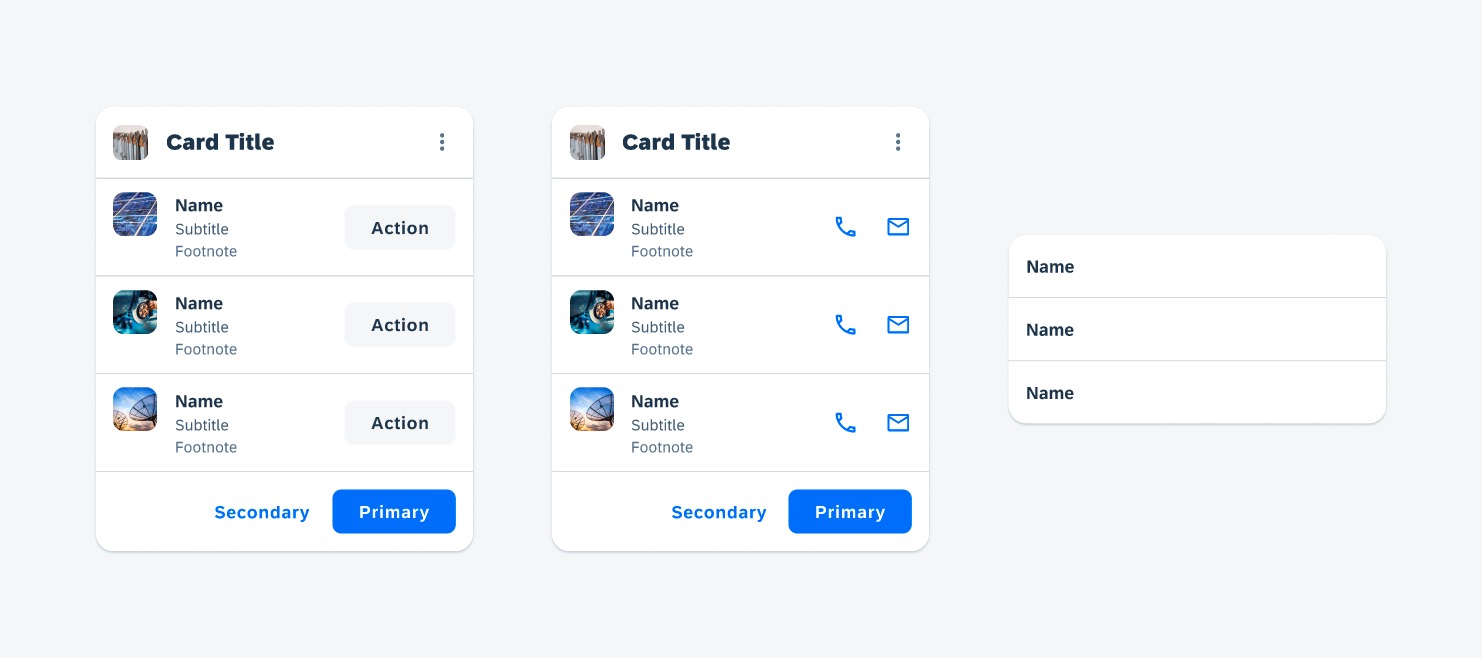 List card variations: (list item) with tonal button, (list item) with icon buttons, and one list card without optional attributes
