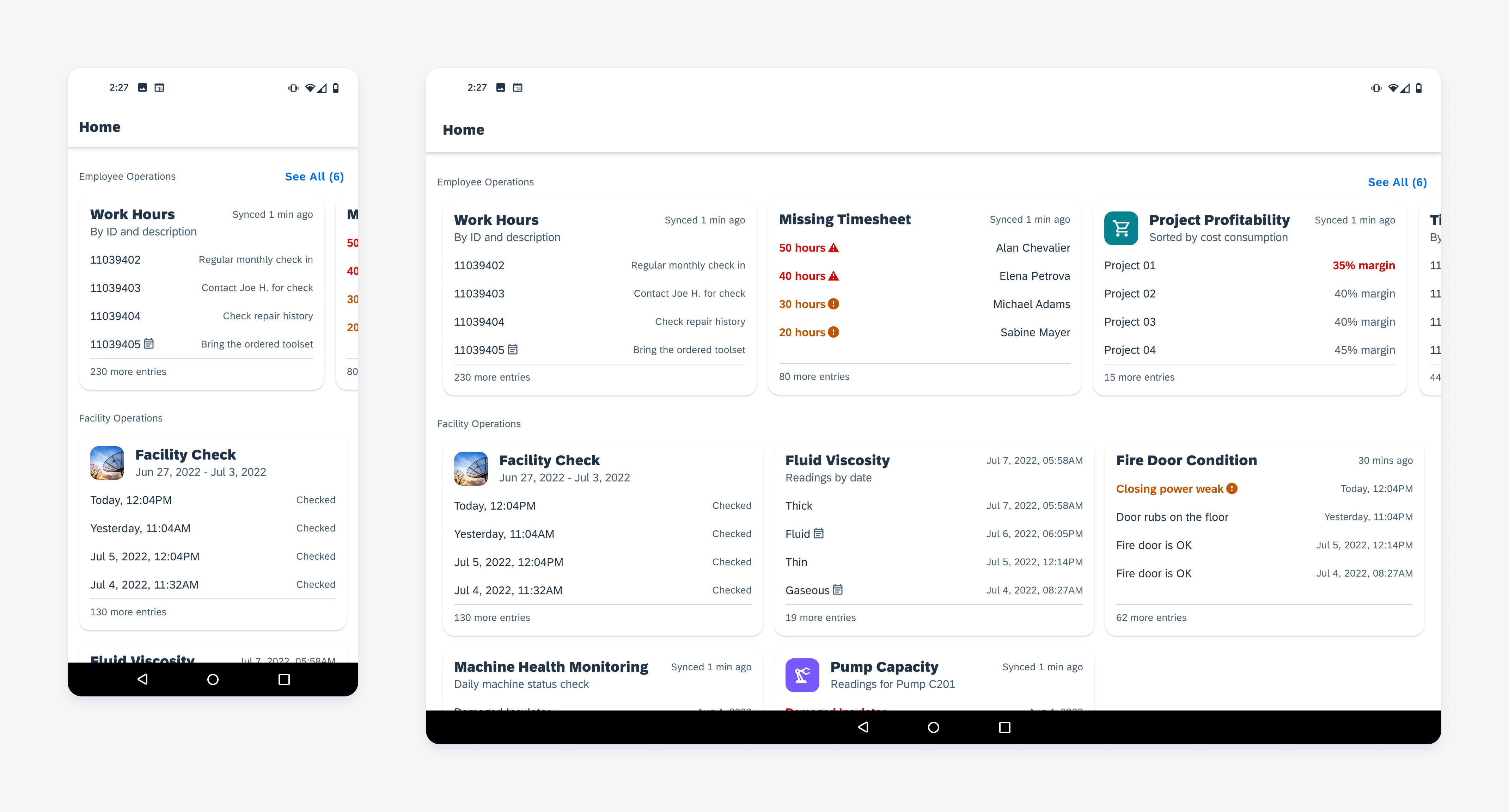 Collection of data table cards on mobile (left) and tablet (right)