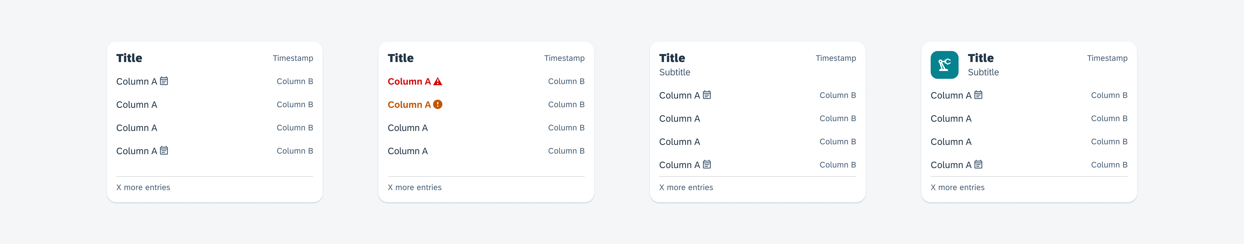 Data table card variations from left to right: Data table card with the title only (left), data table card with semantic values (center left), data table card with subtitle (center right), and data table card with thumbnail (right)