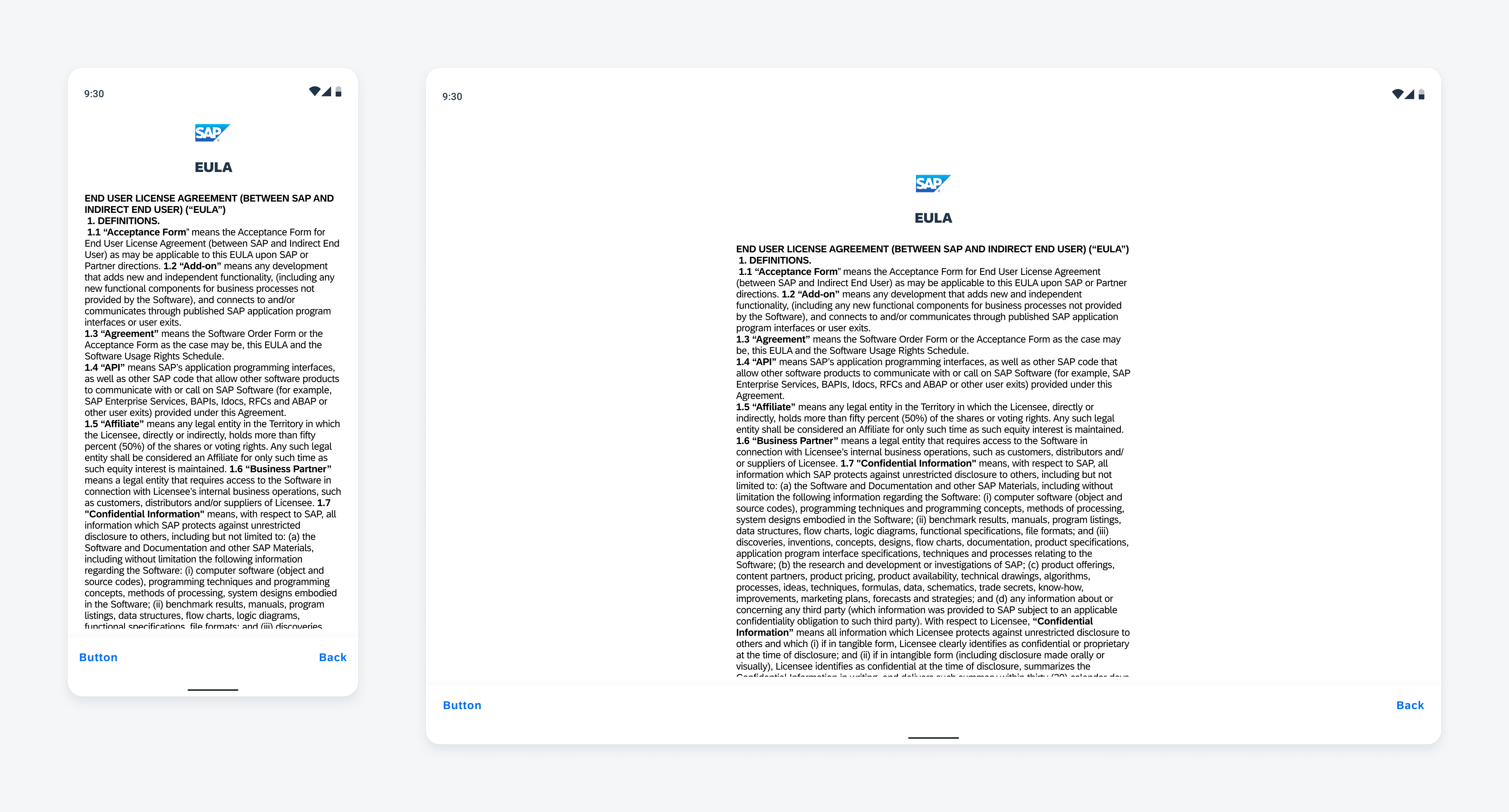 Agreement - EULA: Mobile (left) and tablet (right) 