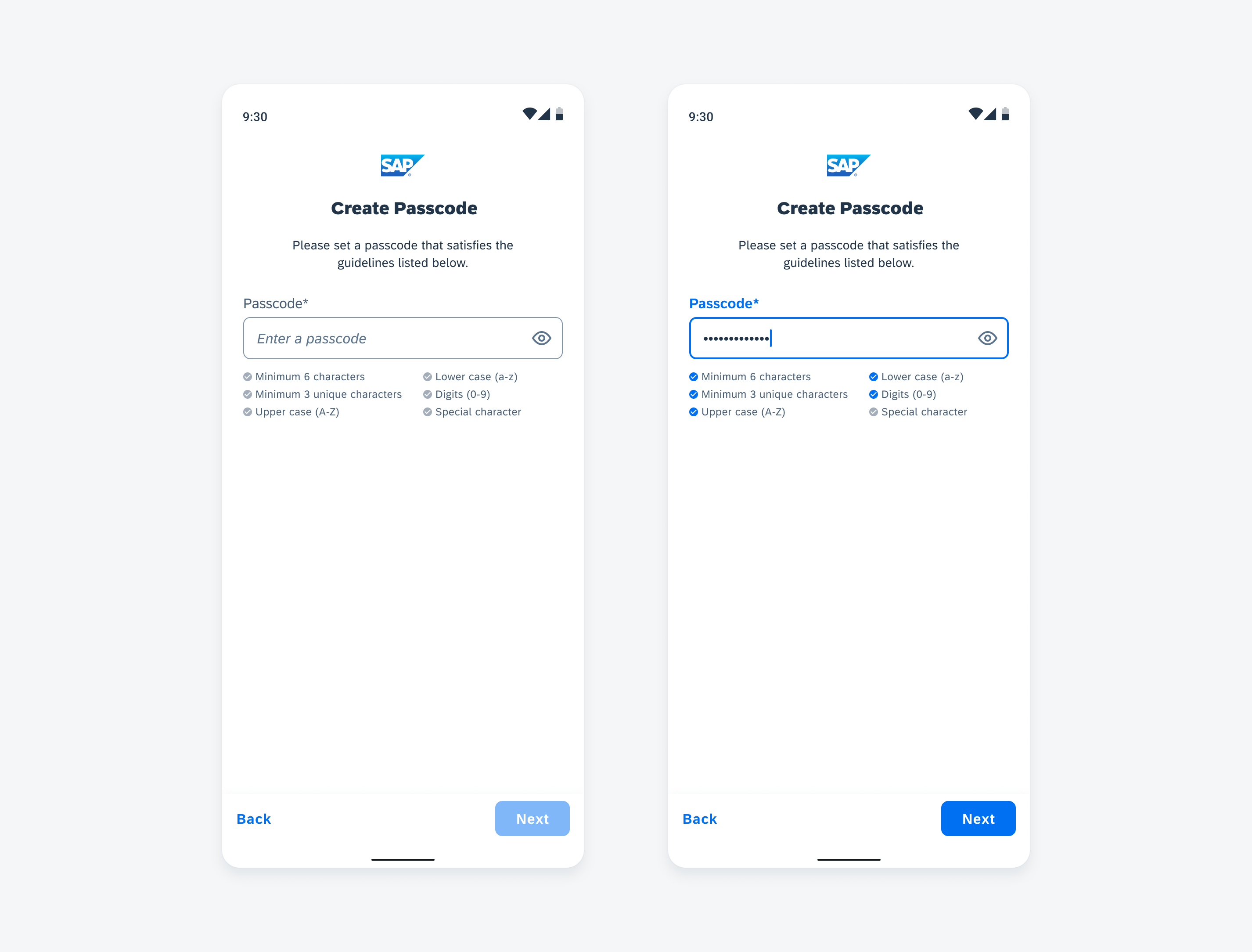 Create passcode screen with passcode requirements