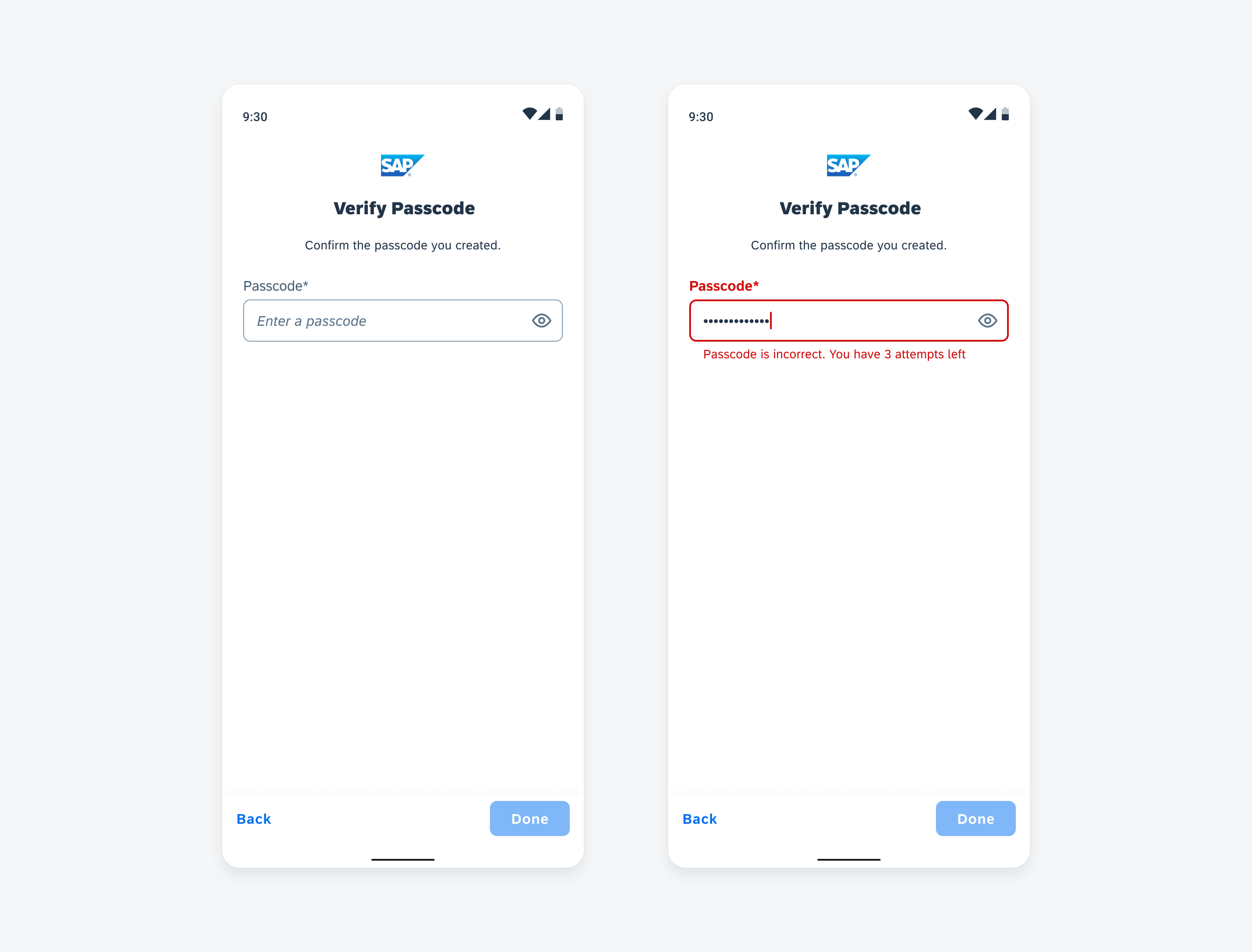 Verify passcode screens