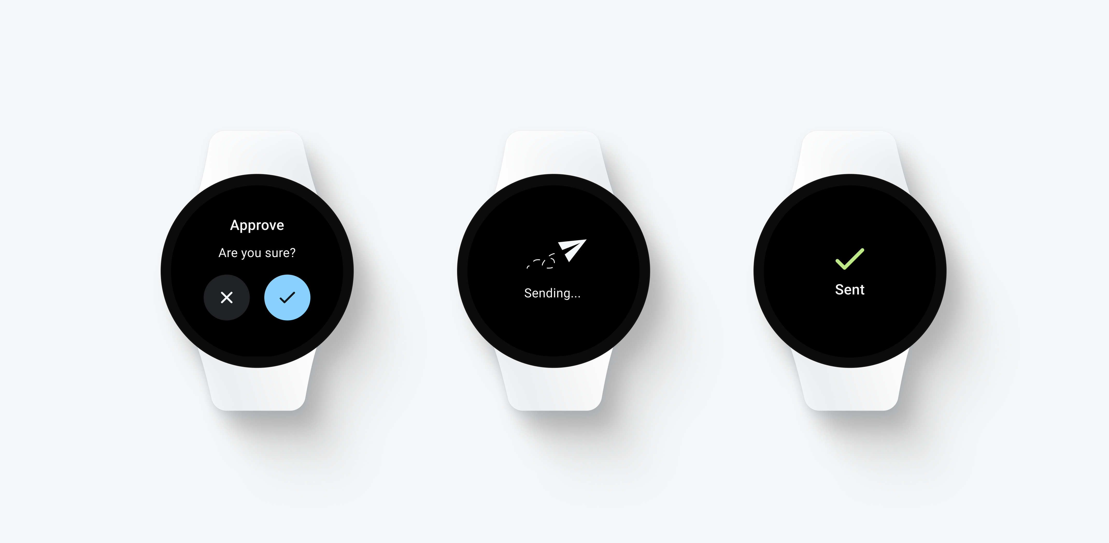Smartwatch with confirmation dialog (left), loading screen (middle), and success screen (right) 