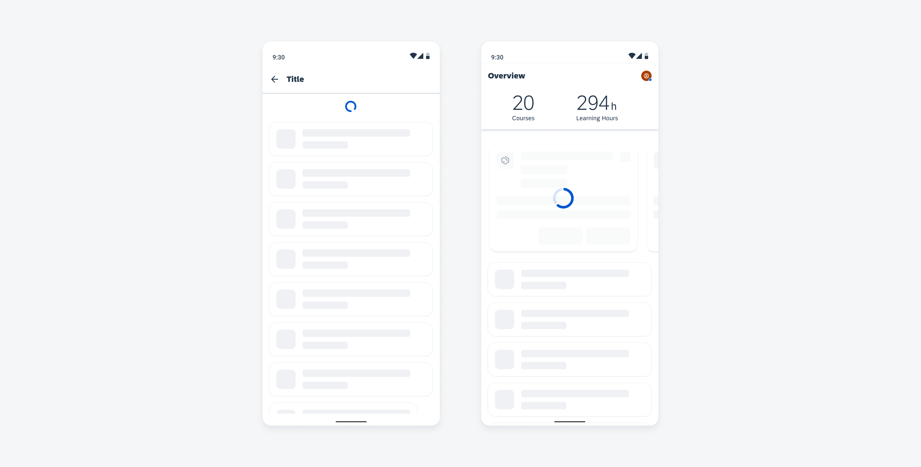 Content refresh with circular progress indicator (left) and partial loading with circular progress indicator (right)