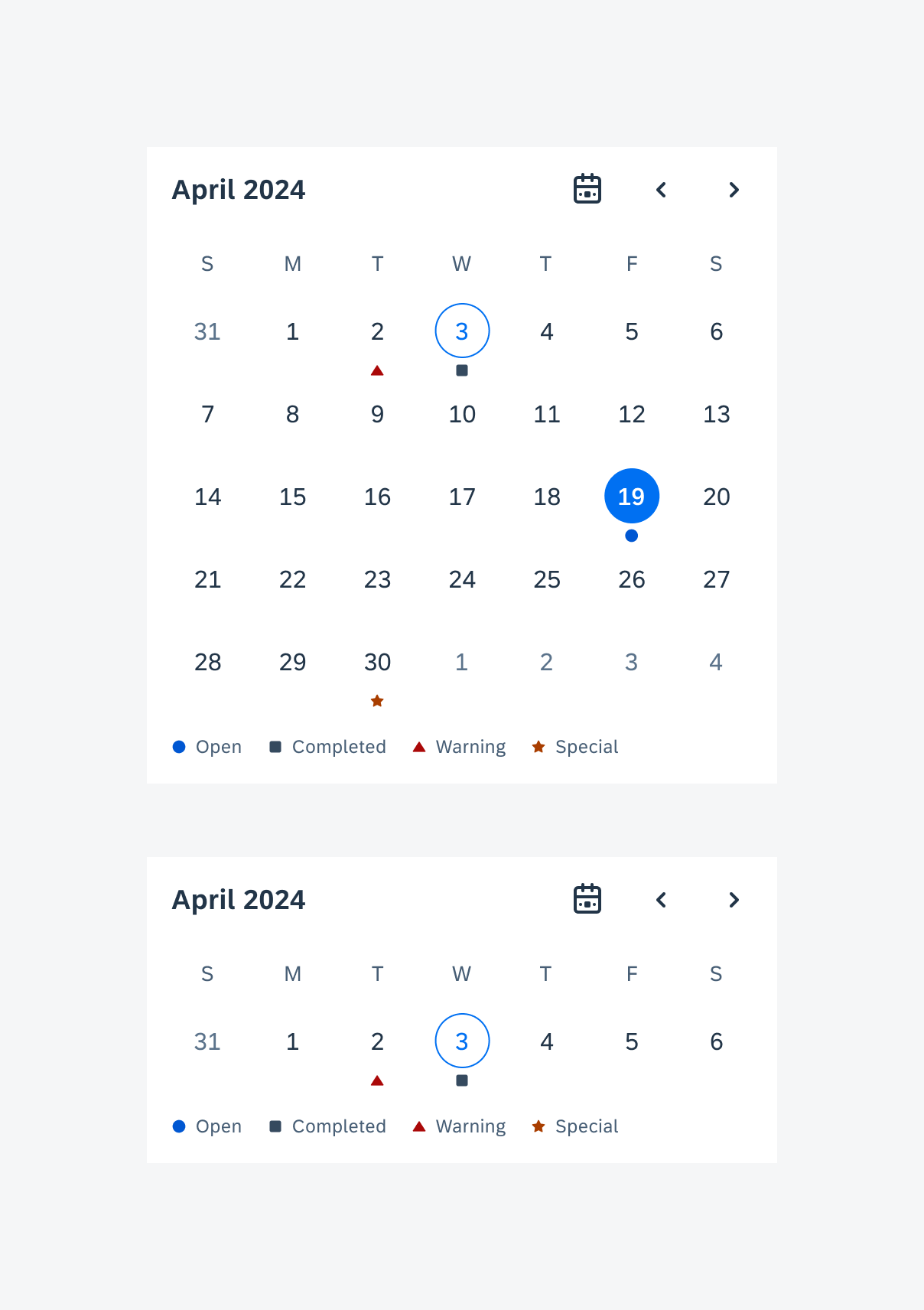 Calendars with status indicators: month view (top), week view (bottom) 
