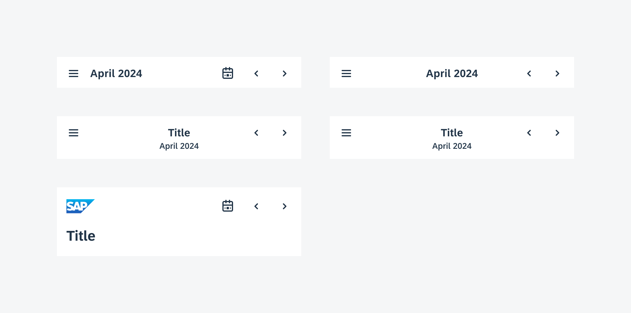 From left to right: left-aligned title, center-aligned title; from top to bottom: single-line title, double-line title, large title