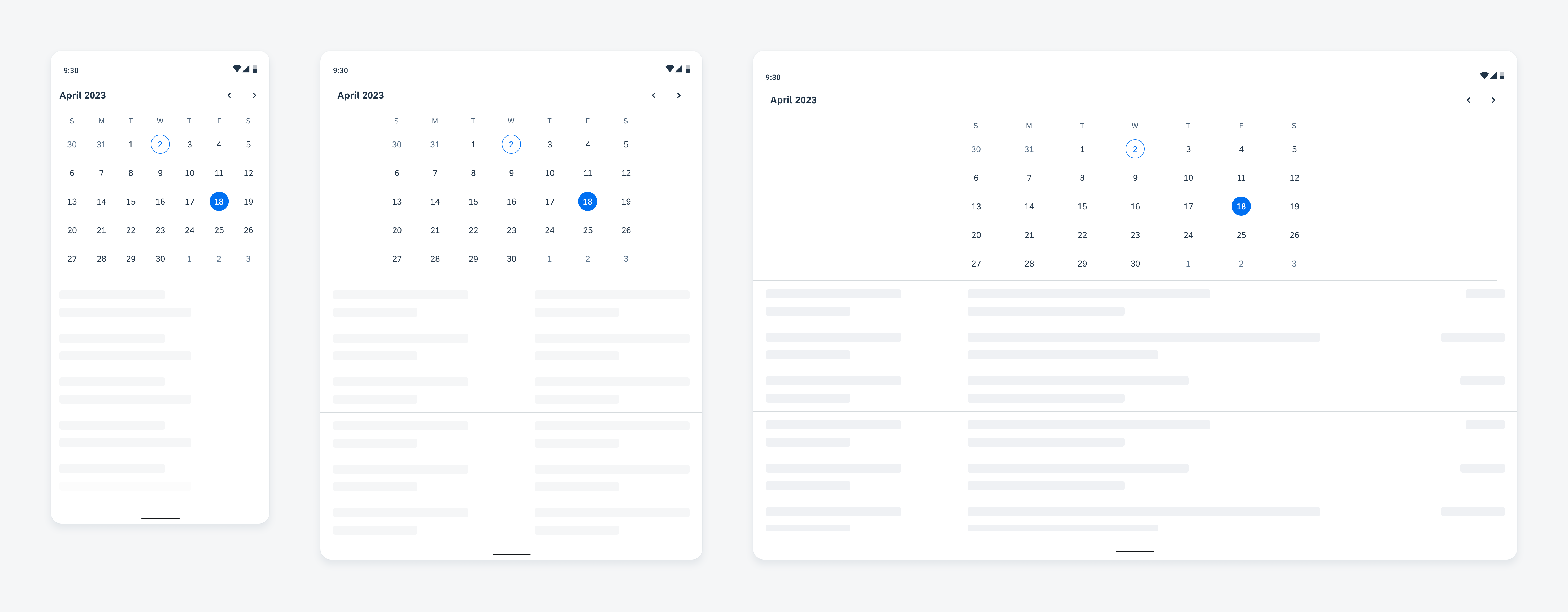 Calendar view adapting to compact (left), medium (middle), and expanded windows (right)