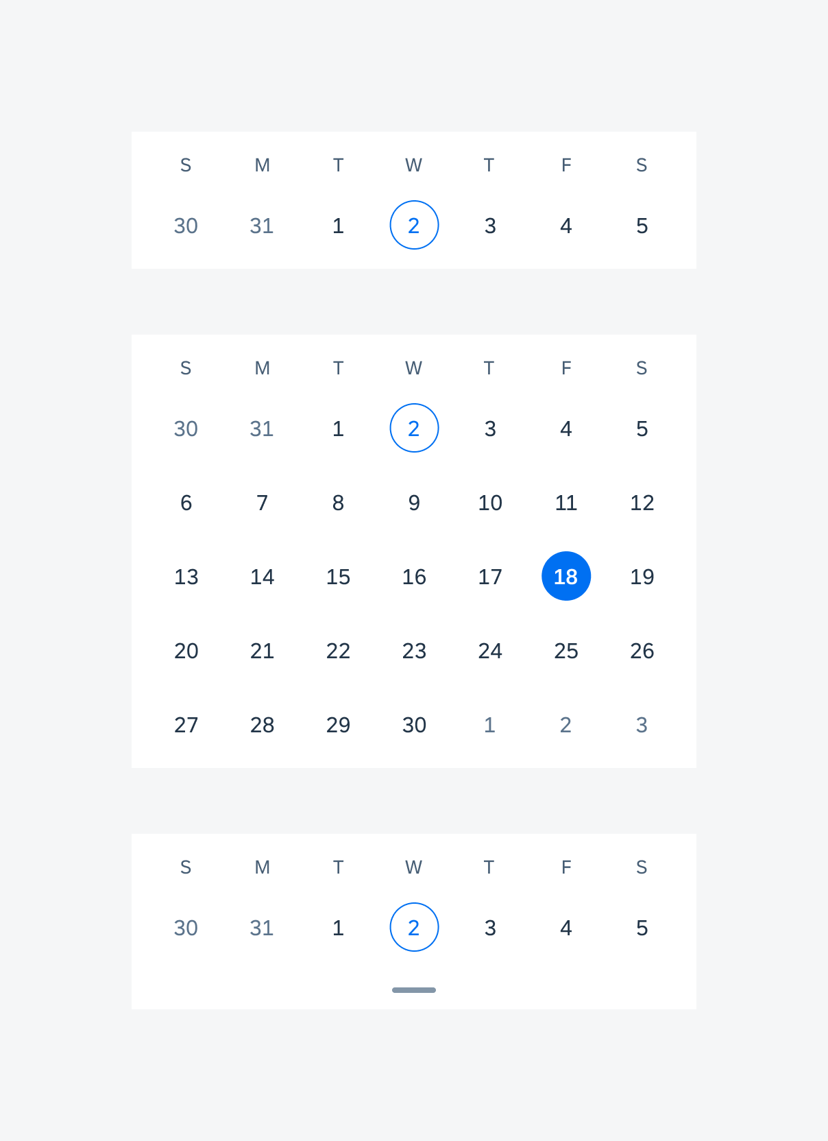 Types of calendar view containers (from top to bottom): week view, month view, and expandable view