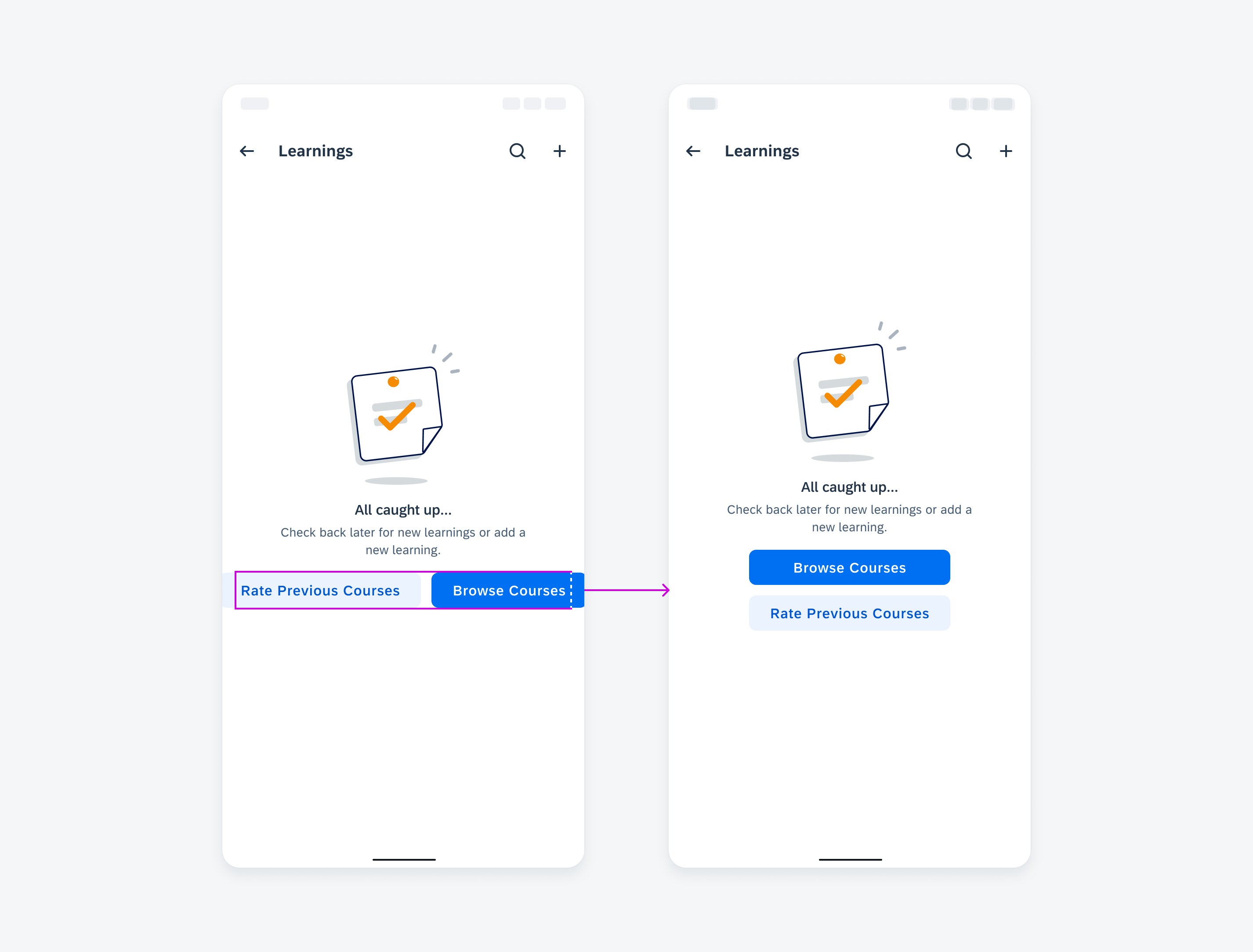 Illustrated message example that shows buttons in a horizontal call to action layout (left) exceeding the container width and adapting to a vertical call to action layout (right). 