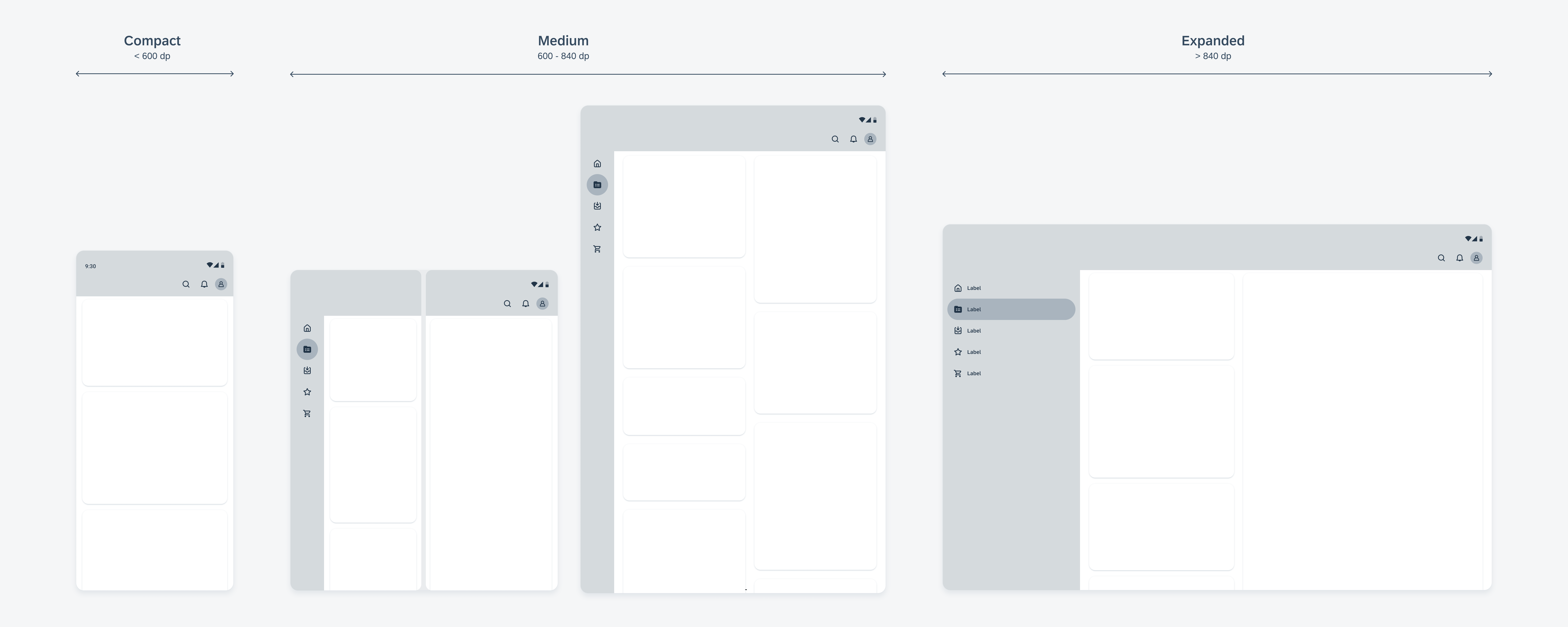 Schematics illustrating width-based window size classes