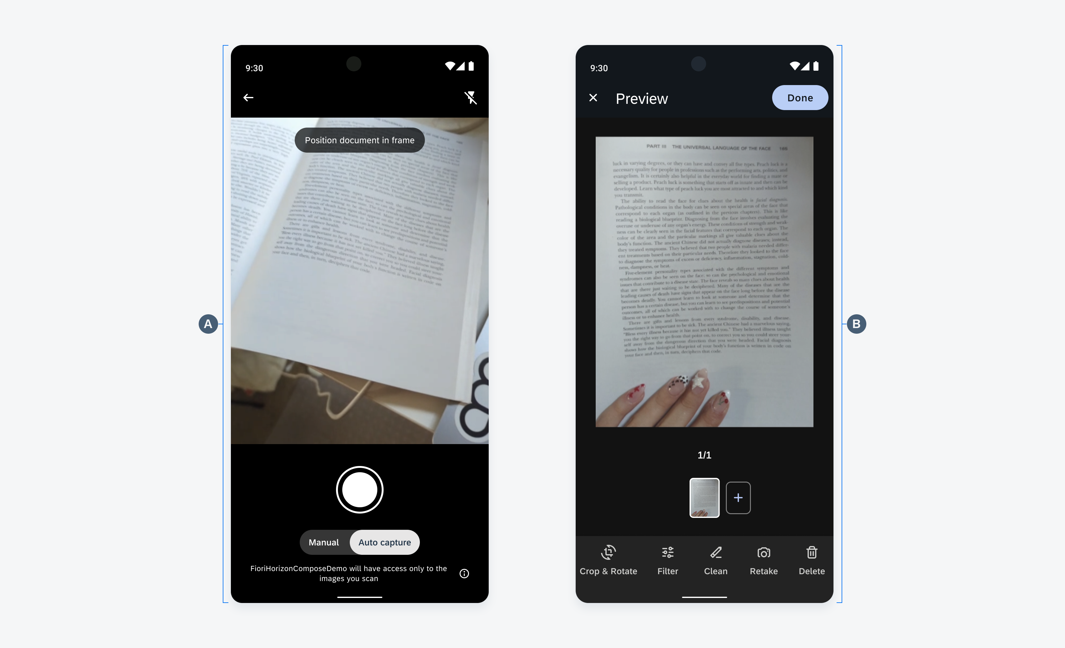  Anatomy of the document scanner camera view (left) and the gallery view (right) 