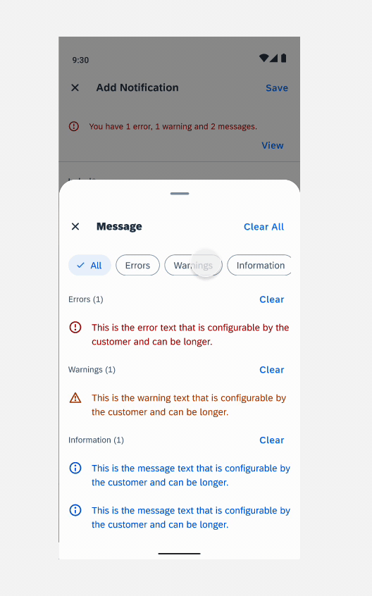 “Clear” button in a section header that removes the messages specific to that section 