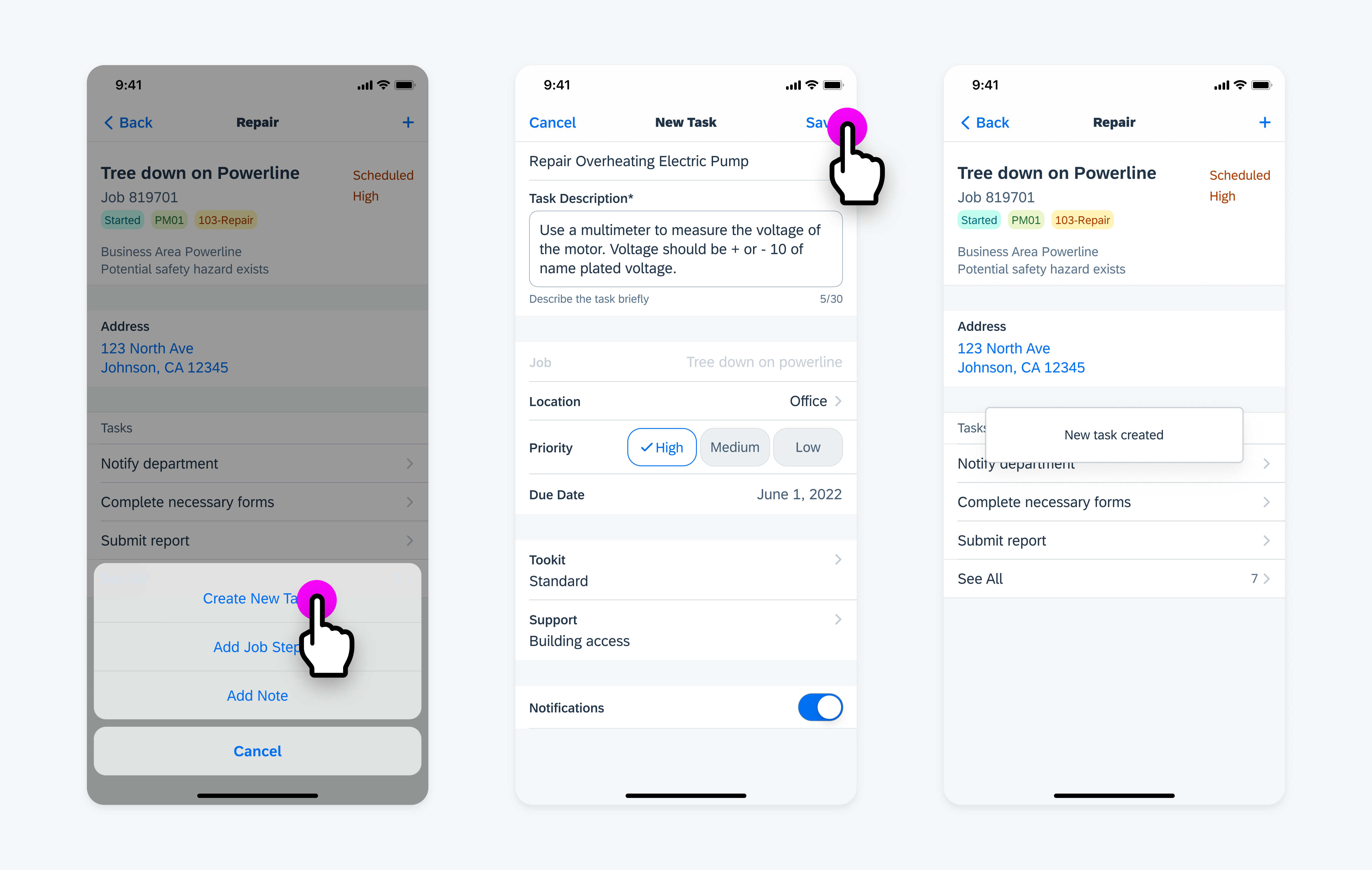 User launches modal (left), filled out modal (center), toast message indicates completion (right)