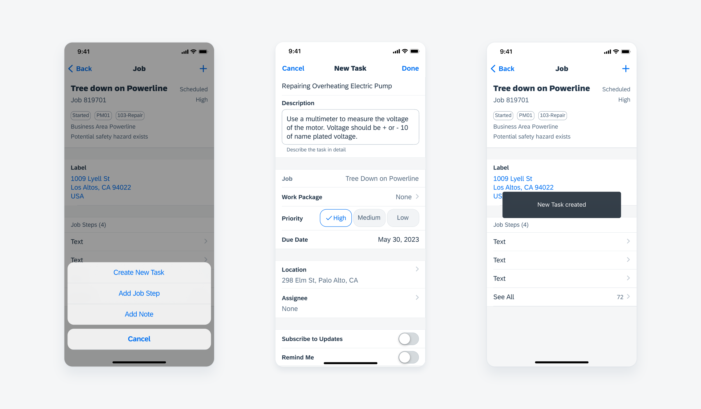 User launches modal (left), filled out modal (center), toast message indicates completion (right)
